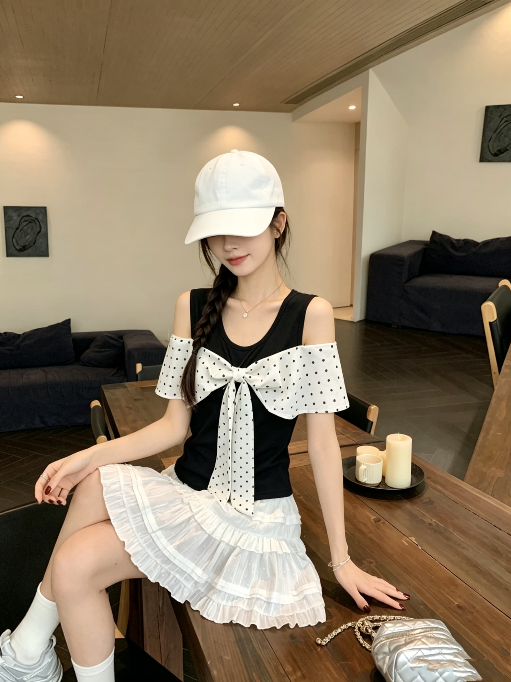 정가 실사 검정색 도트 무늬 페이크 레이어드 반팔 티셔츠 여름 한 부서 몸매 가꾸기 나비 매듭 디자인 오프숄더 맨위 상세 이미지 8