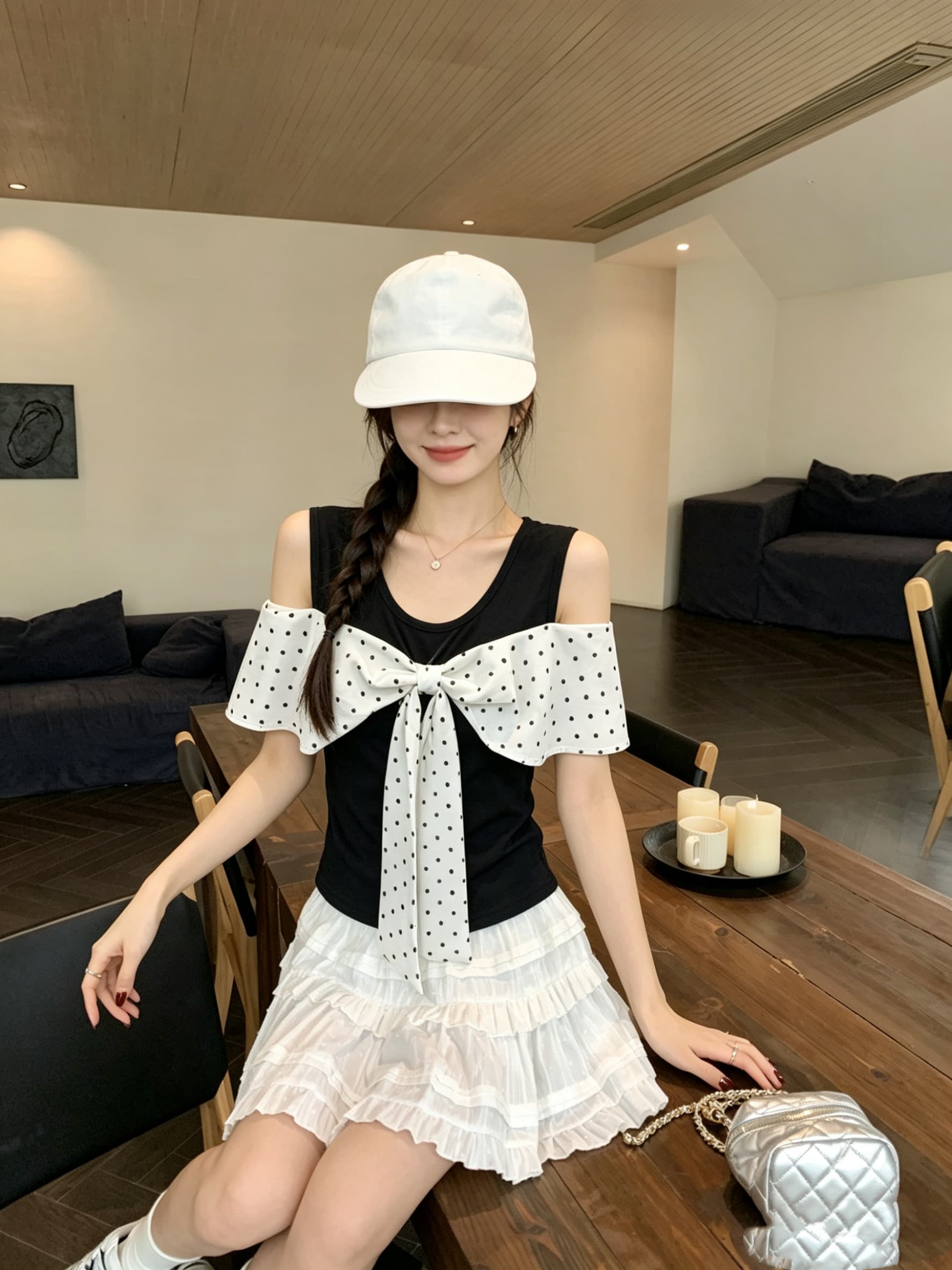 정가 실사 검정색 도트 무늬 페이크 레이어드 반팔 티셔츠 여름 한 부서 몸매 가꾸기 나비 매듭 디자인 오프숄더 맨위 상세 이미지 9