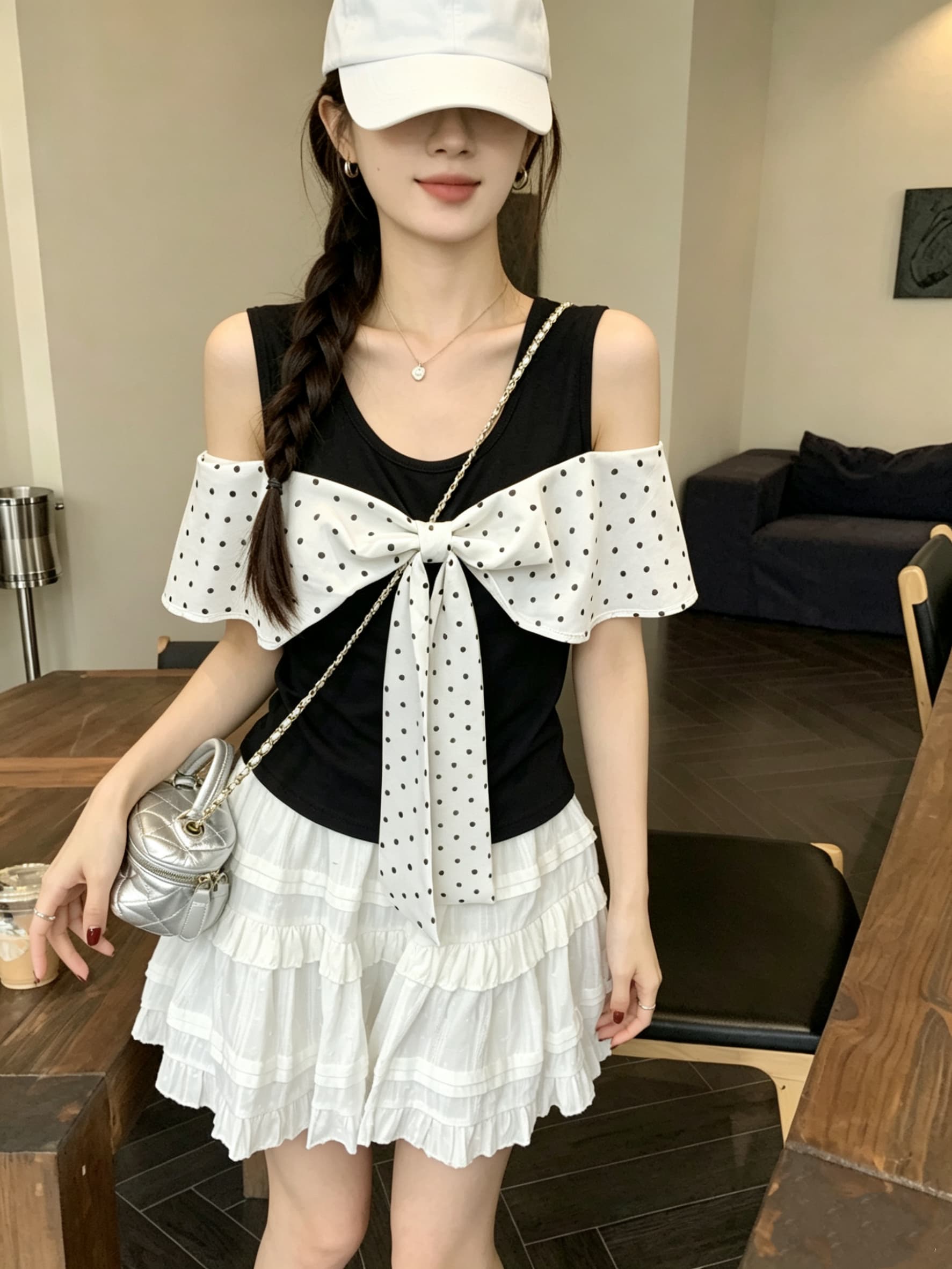 정가 실사 검정색 도트 무늬 페이크 레이어드 반팔 티셔츠 여름 한 부서 몸매 가꾸기 나비 매듭 디자인 오프숄더 맨위 상세 이미지 10