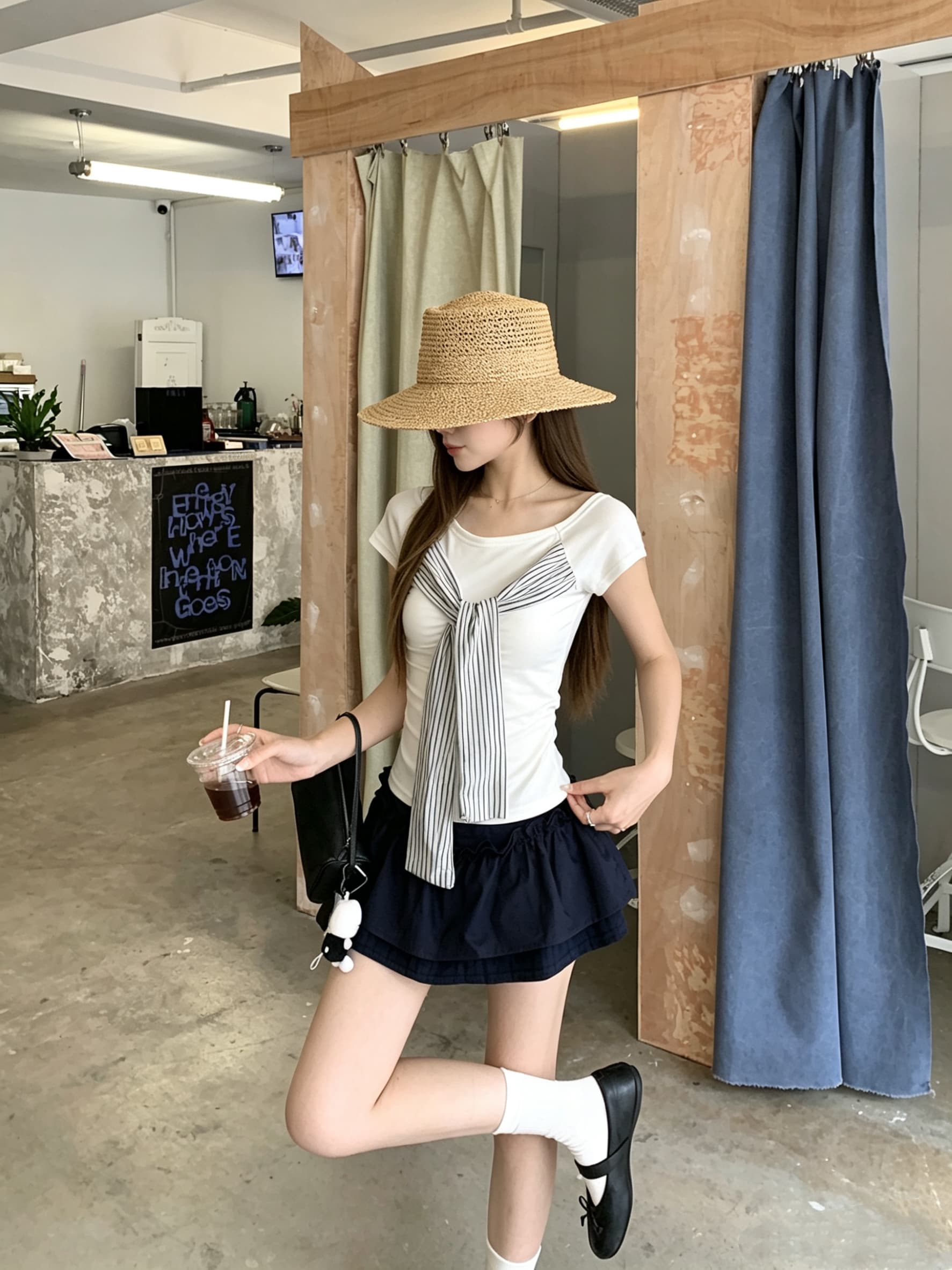 정가 실사 디자인 센스 스트라이프 스트랩 오프숄더 반팔 티셔츠 여름 새로운 핫걸 바람 몸매 가꾸기 맨위 상세 이미지 14
