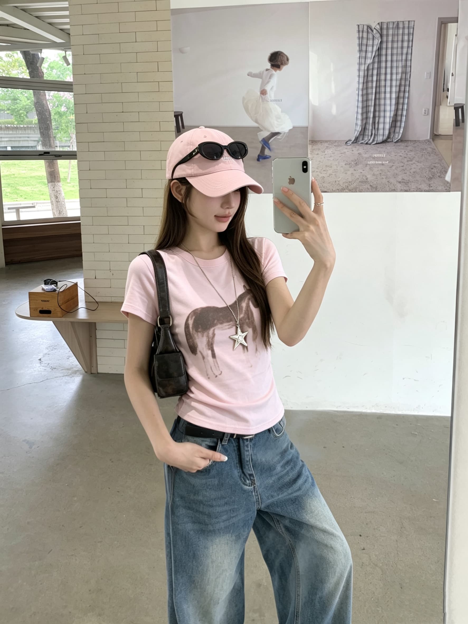 정가 실사 부드러운 핑크색 작은 말 프린트 반팔 티셔츠 여성 여름 새로운 몸매 가꾸기 슬림해 보이는 쇼트 스타일 긍정적 인 어깨 의류 상세 이미지 3