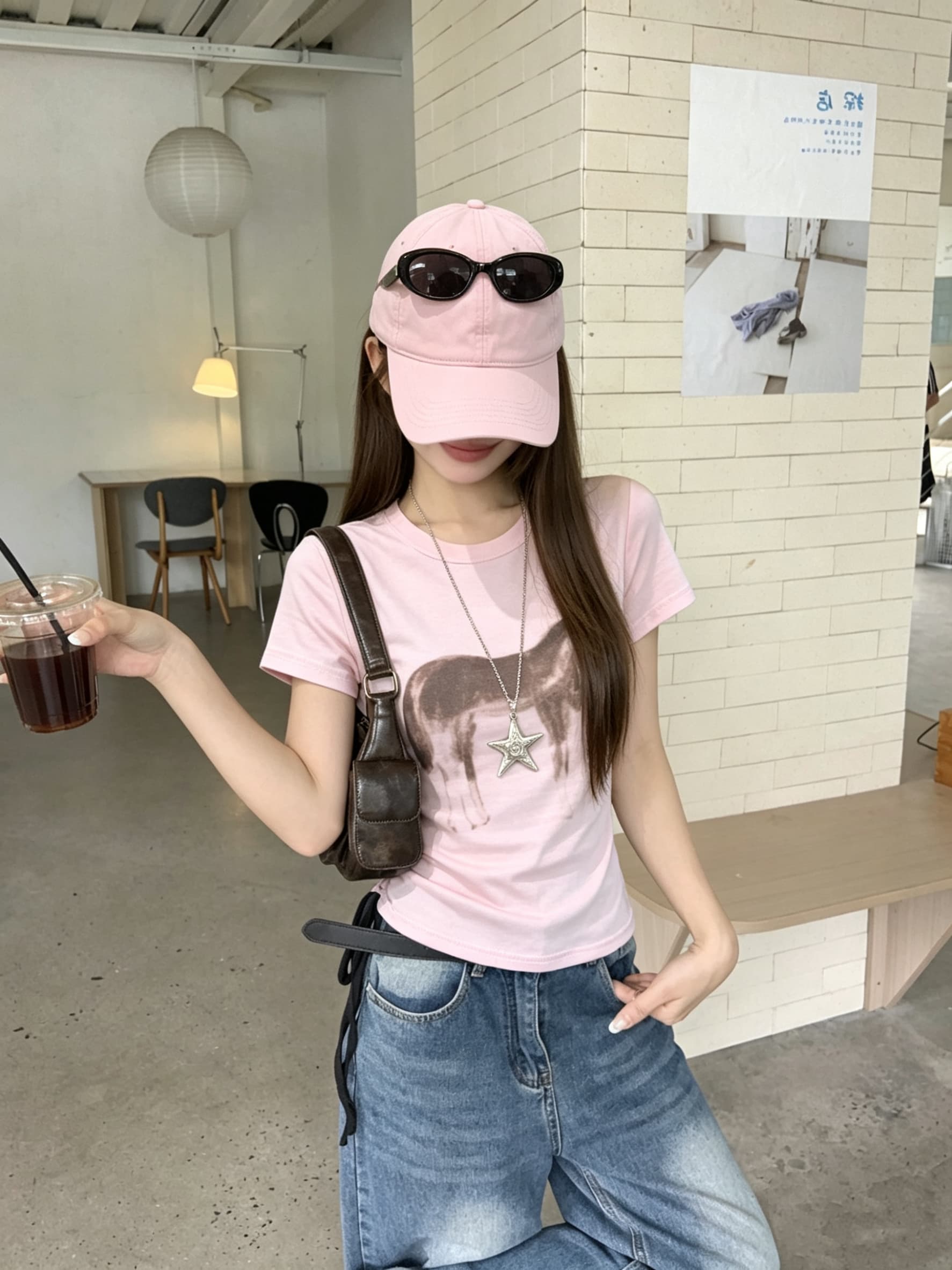 정가 실사 부드러운 핑크색 작은 말 프린트 반팔 티셔츠 여성 여름 새로운 몸매 가꾸기 슬림해 보이는 쇼트 스타일 긍정적 인 어깨 의류 상세 이미지 4