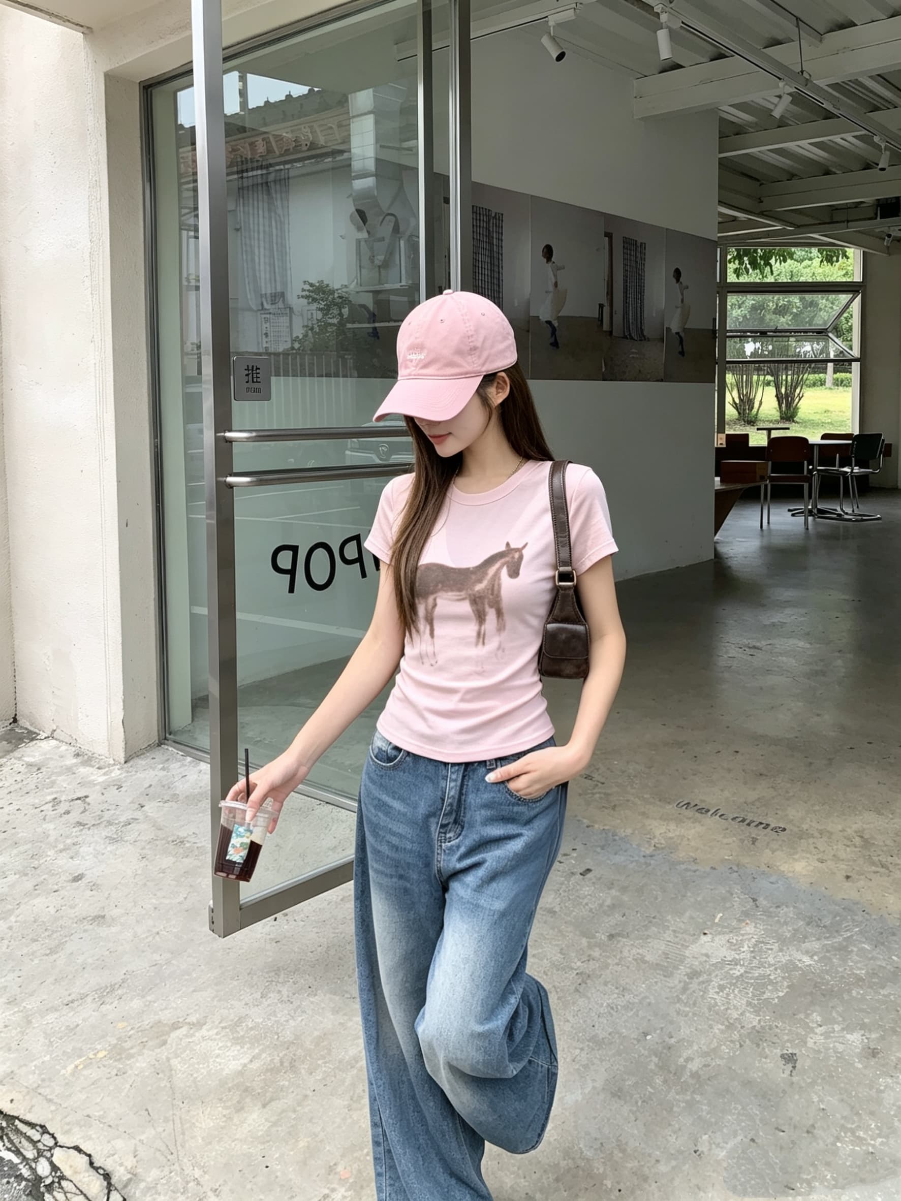 정가 실사 부드러운 핑크색 작은 말 프린트 반팔 티셔츠 여성 여름 새로운 몸매 가꾸기 슬림해 보이는 쇼트 스타일 긍정적 인 어깨 의류 상세 이미지 7