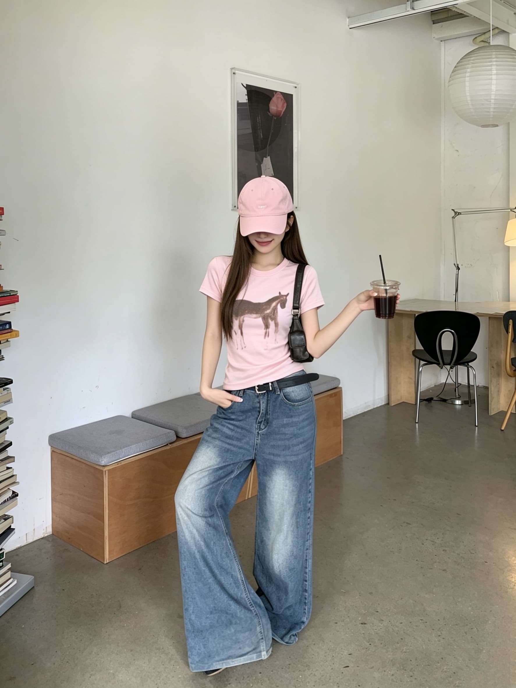 정가 실사 부드러운 핑크색 작은 말 프린트 반팔 티셔츠 여성 여름 새로운 몸매 가꾸기 슬림해 보이는 쇼트 스타일 긍정적 인 어깨 의류 상세 이미지 10