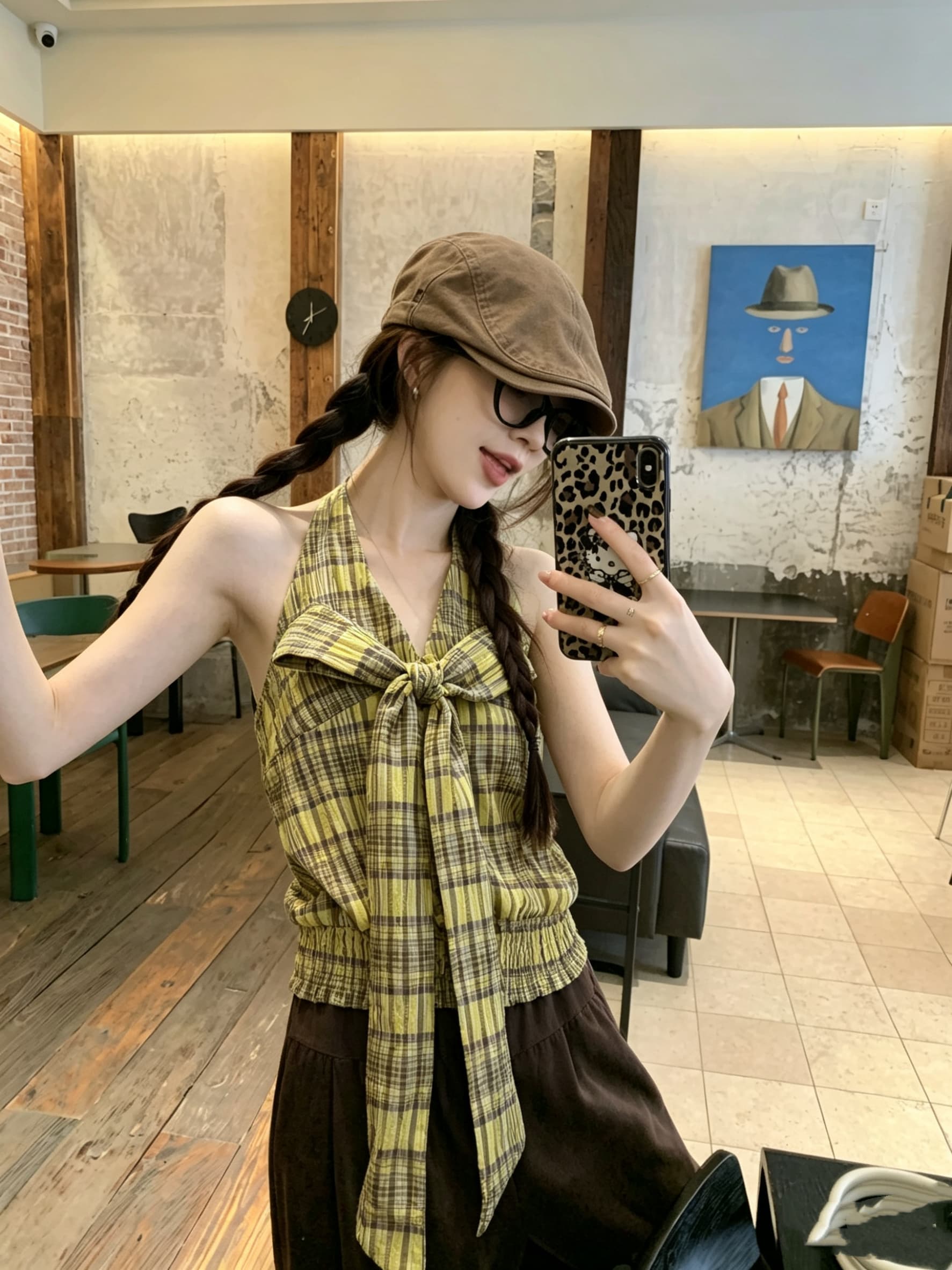 정가 실사 휴가 센스 체크무늬 대 나비 매듭 V넥 명중 가져 가라. 민소매 행침 목 슬립 맨위 여성 상세 이미지 1
