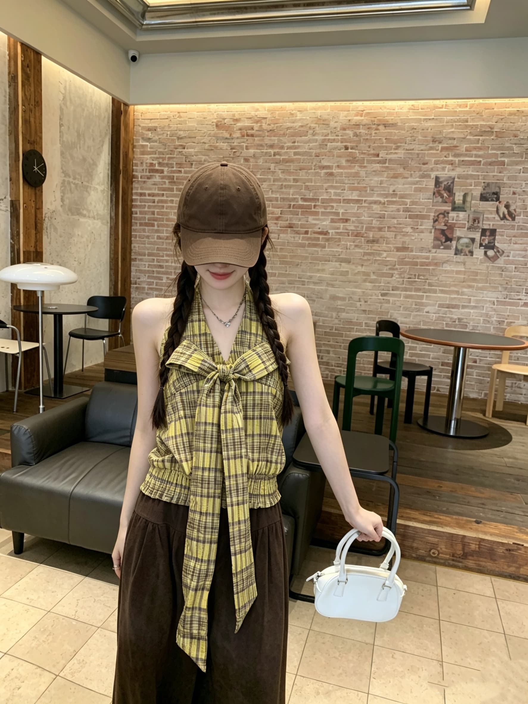 정가 실사 휴가 센스 체크무늬 대 나비 매듭 V넥 명중 가져 가라. 민소매 행침 목 슬립 맨위 여성 상세 이미지 3