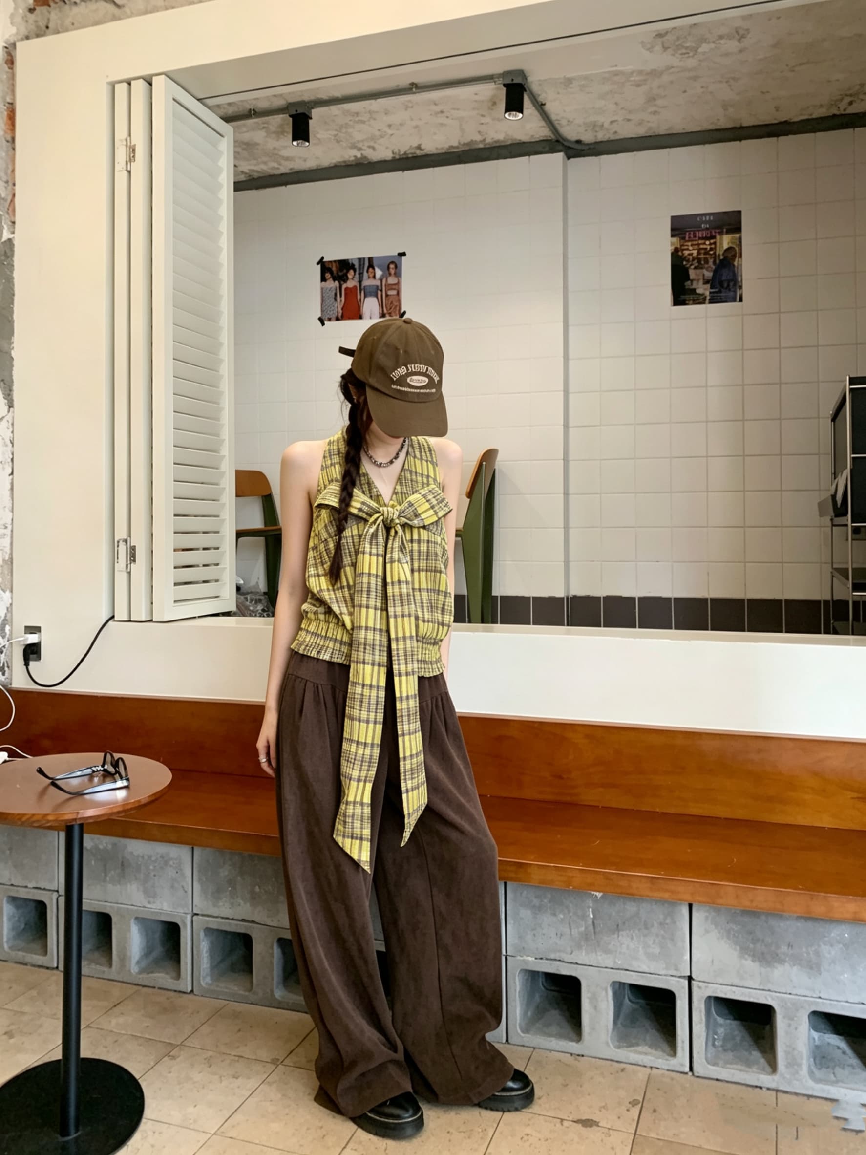 정가 실사 휴가 센스 체크무늬 대 나비 매듭 V넥 명중 가져 가라. 민소매 행침 목 슬립 맨위 여성 상세 이미지 5