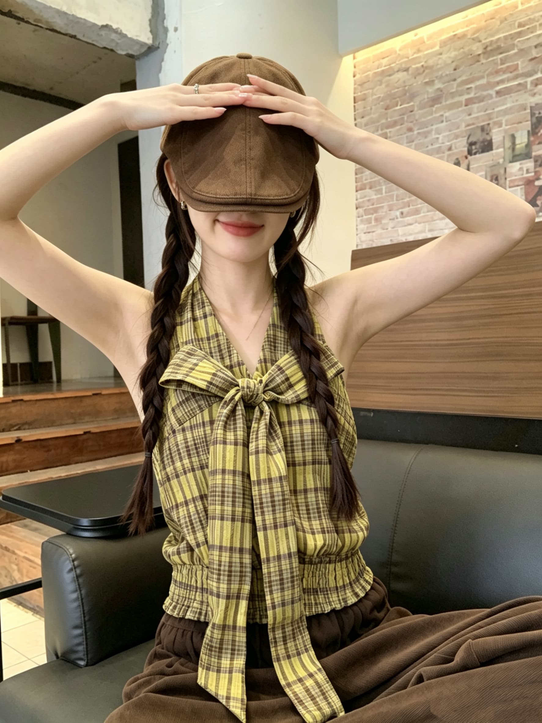 정가 실사 휴가 센스 체크무늬 대 나비 매듭 V넥 명중 가져 가라. 민소매 행침 목 슬립 맨위 여성 상세 이미지 6
