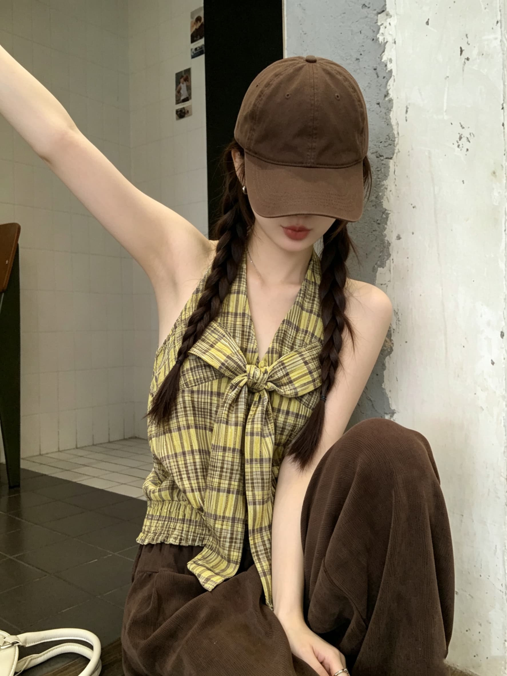 정가 실사 휴가 센스 체크무늬 대 나비 매듭 V넥 명중 가져 가라. 민소매 행침 목 슬립 맨위 여성 상세 이미지 7