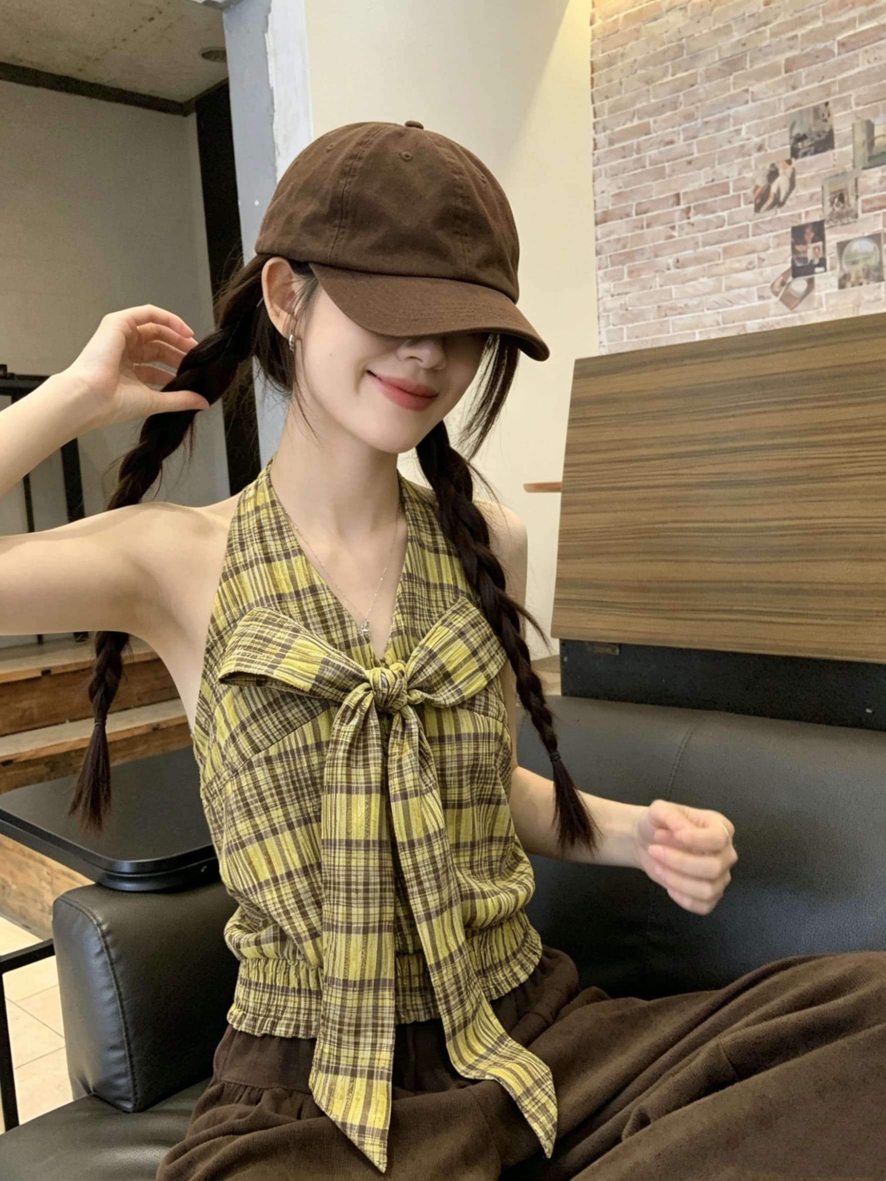정가 실사 휴가 센스 체크무늬 대 나비 매듭 V넥 명중 가져 가라. 민소매 행침 목 슬립 맨위 여성 상세 이미지 8