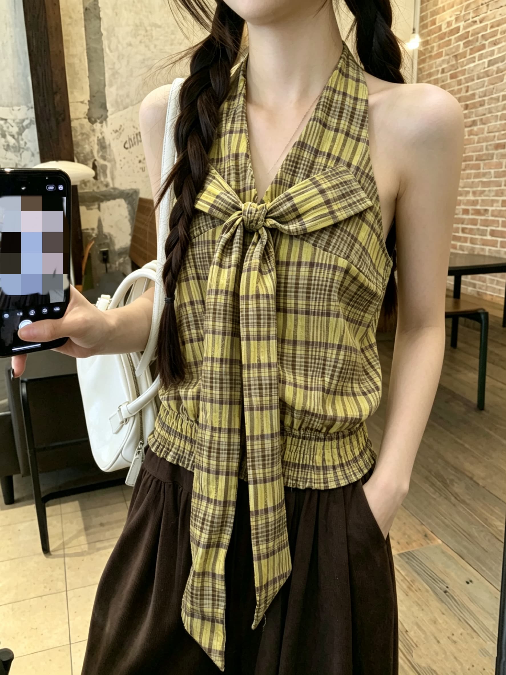 정가 실사 휴가 센스 체크무늬 대 나비 매듭 V넥 명중 가져 가라. 민소매 행침 목 슬립 맨위 여성 상세 이미지 9