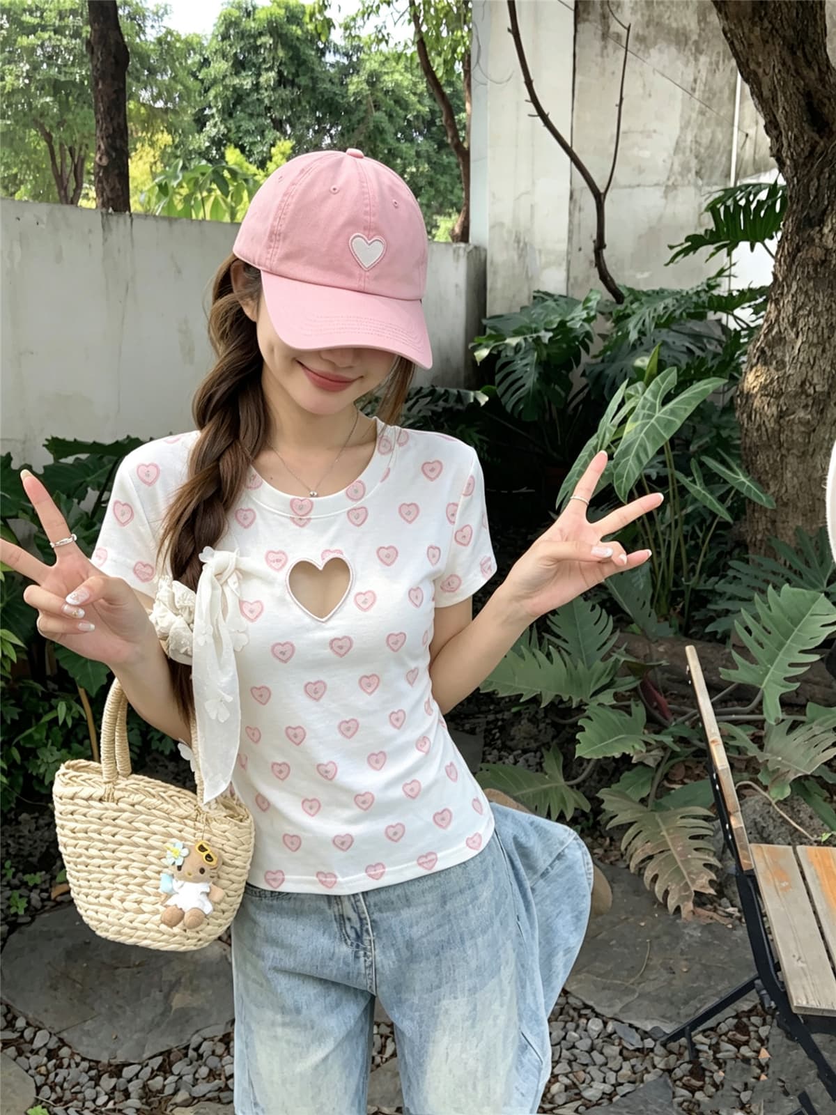 정가 실사 소녀 마음 달콤한 매운맛 바람 반팔 여성 여름 하트 홀로우 아웃 몸매 가꾸기 티셔츠 부드러운 순수한 욕망 맨위 상세 이미지 2