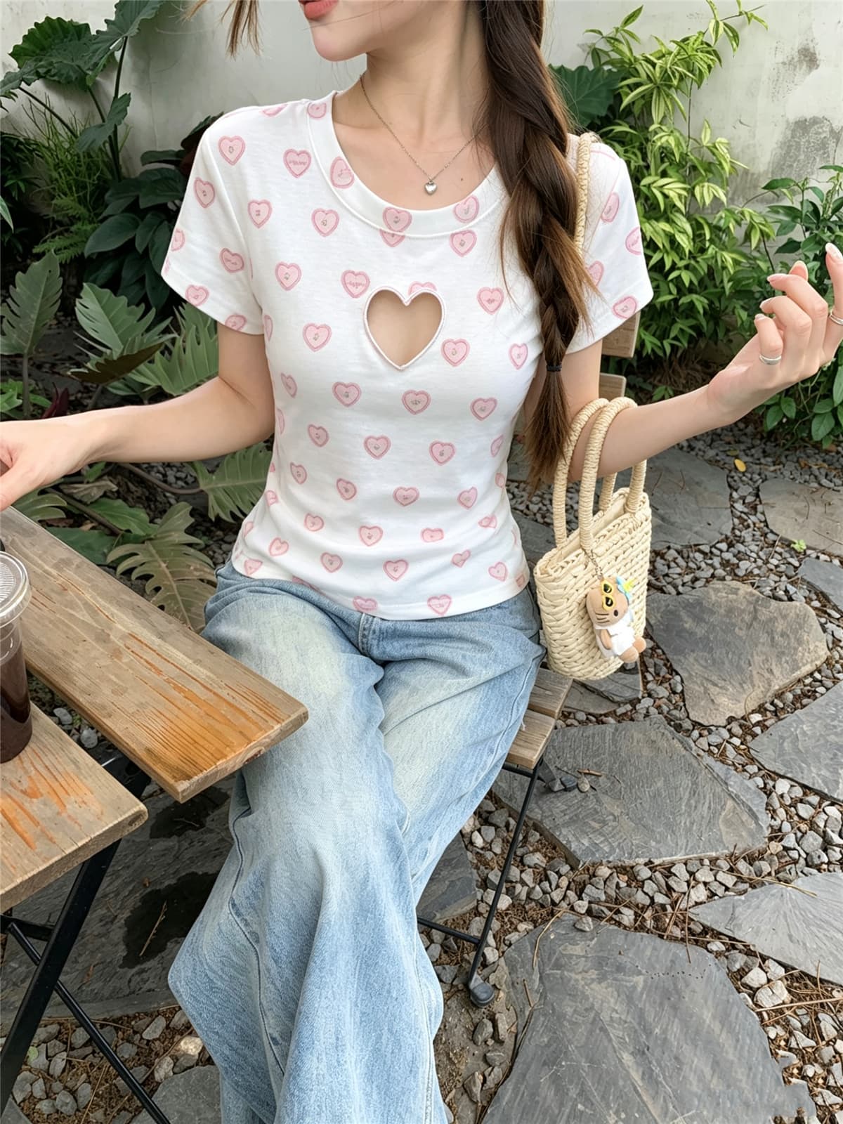 정가 실사 소녀 마음 달콤한 매운맛 바람 반팔 여성 여름 하트 홀로우 아웃 몸매 가꾸기 티셔츠 부드러운 순수한 욕망 맨위 상세 이미지 4