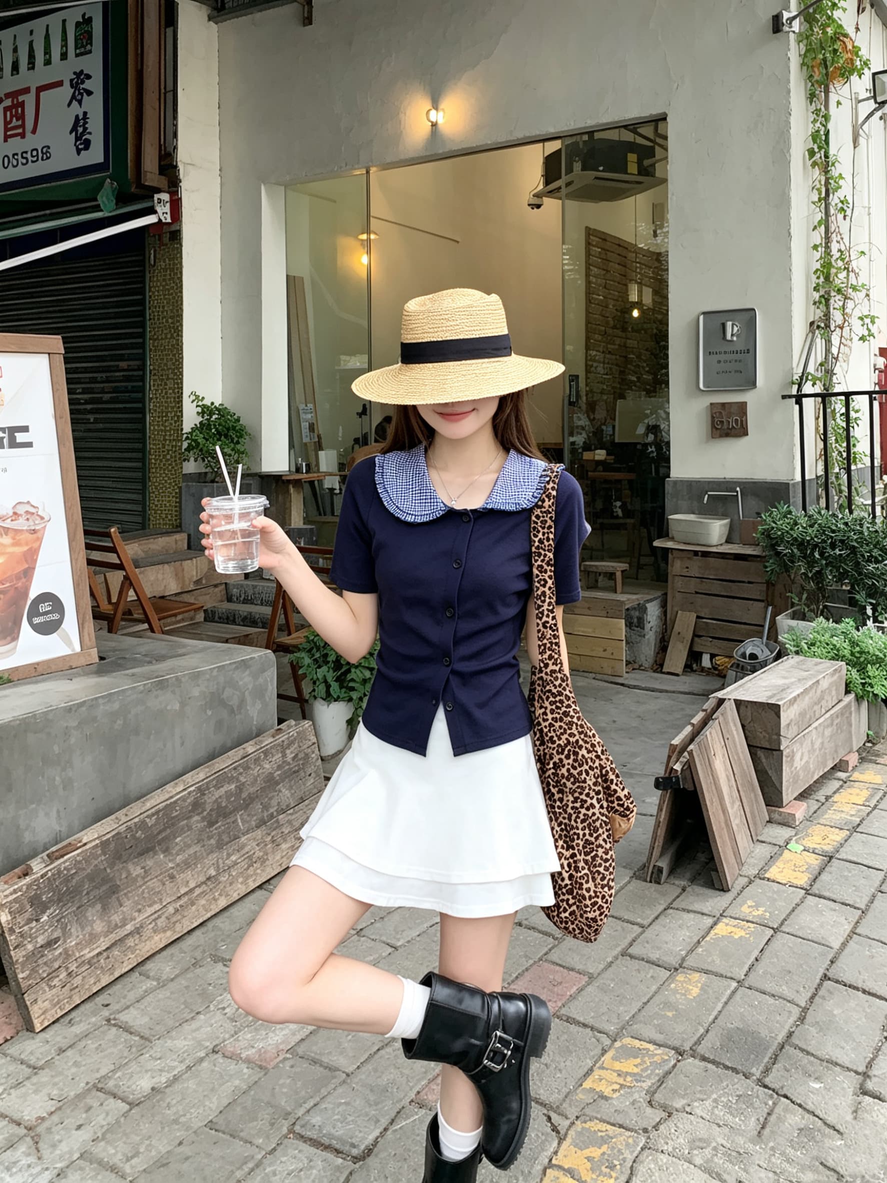 정가 실사 페이크 레이어드 블루 색상 POLO 칼라 쇼트 스타일 오픈 가디건 맨위 여성 여름 디자인 센스 긍정적 인 어깨 반팔 티셔츠 상세 이미지 3