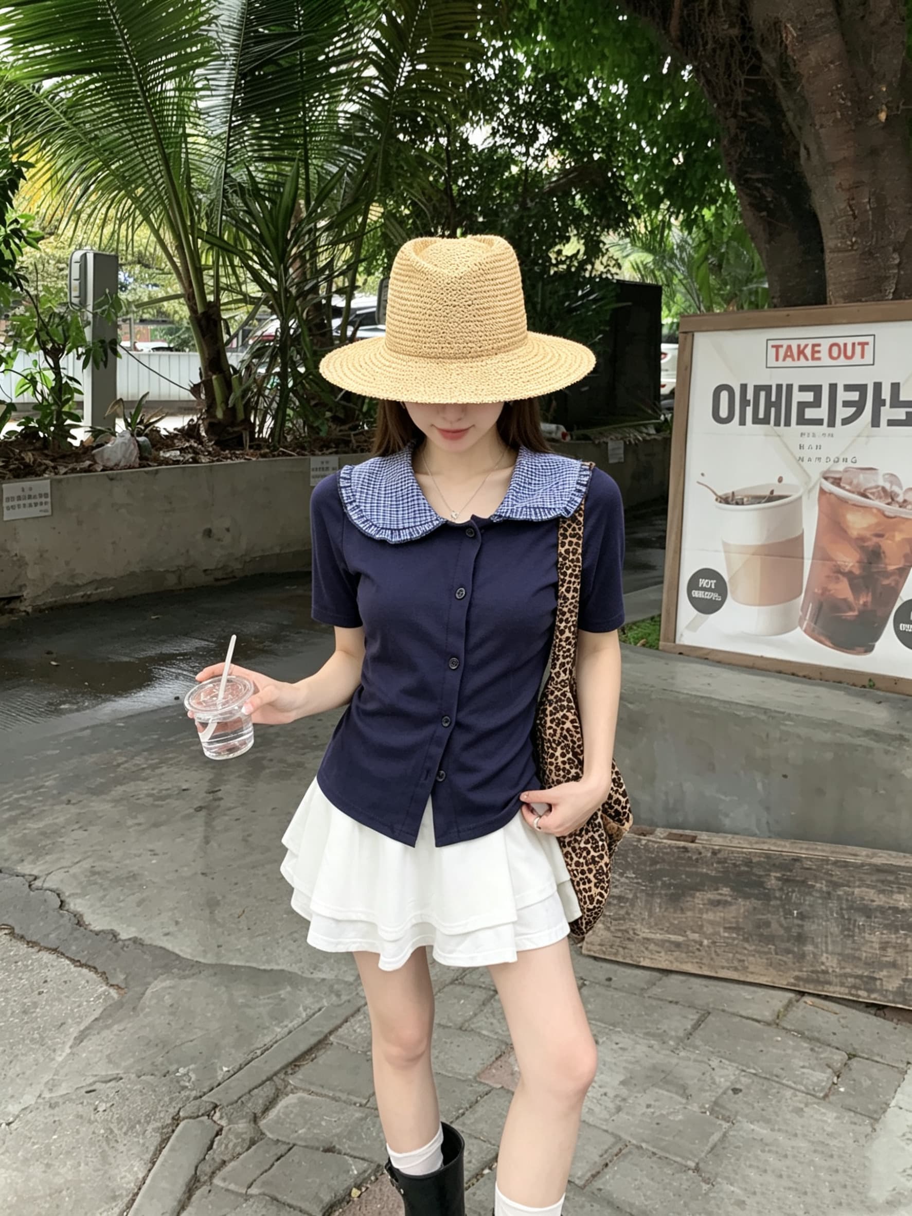 정가 실사 페이크 레이어드 블루 색상 POLO 칼라 쇼트 스타일 오픈 가디건 맨위 여성 여름 디자인 센스 긍정적 인 어깨 반팔 티셔츠 상세 이미지 6