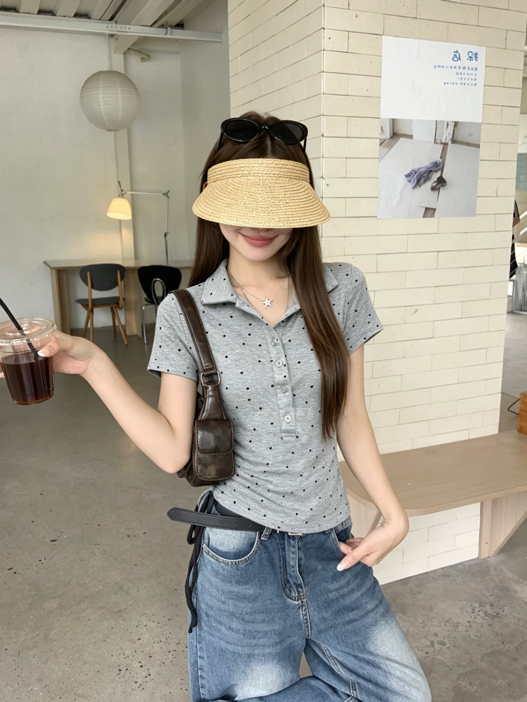 정가 실사 프랑스식 레트로 작은 도트 무늬 반팔 티셔츠 여성 여름 몸매 가꾸기 슬림해 보이는 POLO 칼라 맨위 다용도 상세 이미지 5