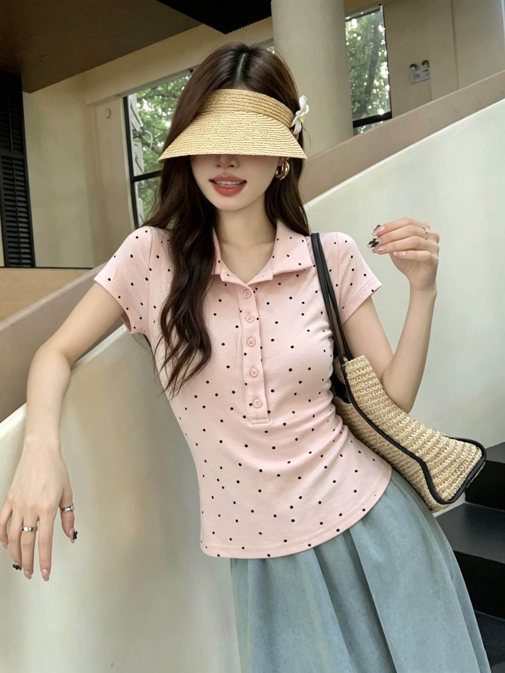 정가 실사 프랑스식 레트로 작은 도트 무늬 반팔 티셔츠 여성 여름 몸매 가꾸기 슬림해 보이는 POLO 칼라 맨위 다용도 상세 이미지 7