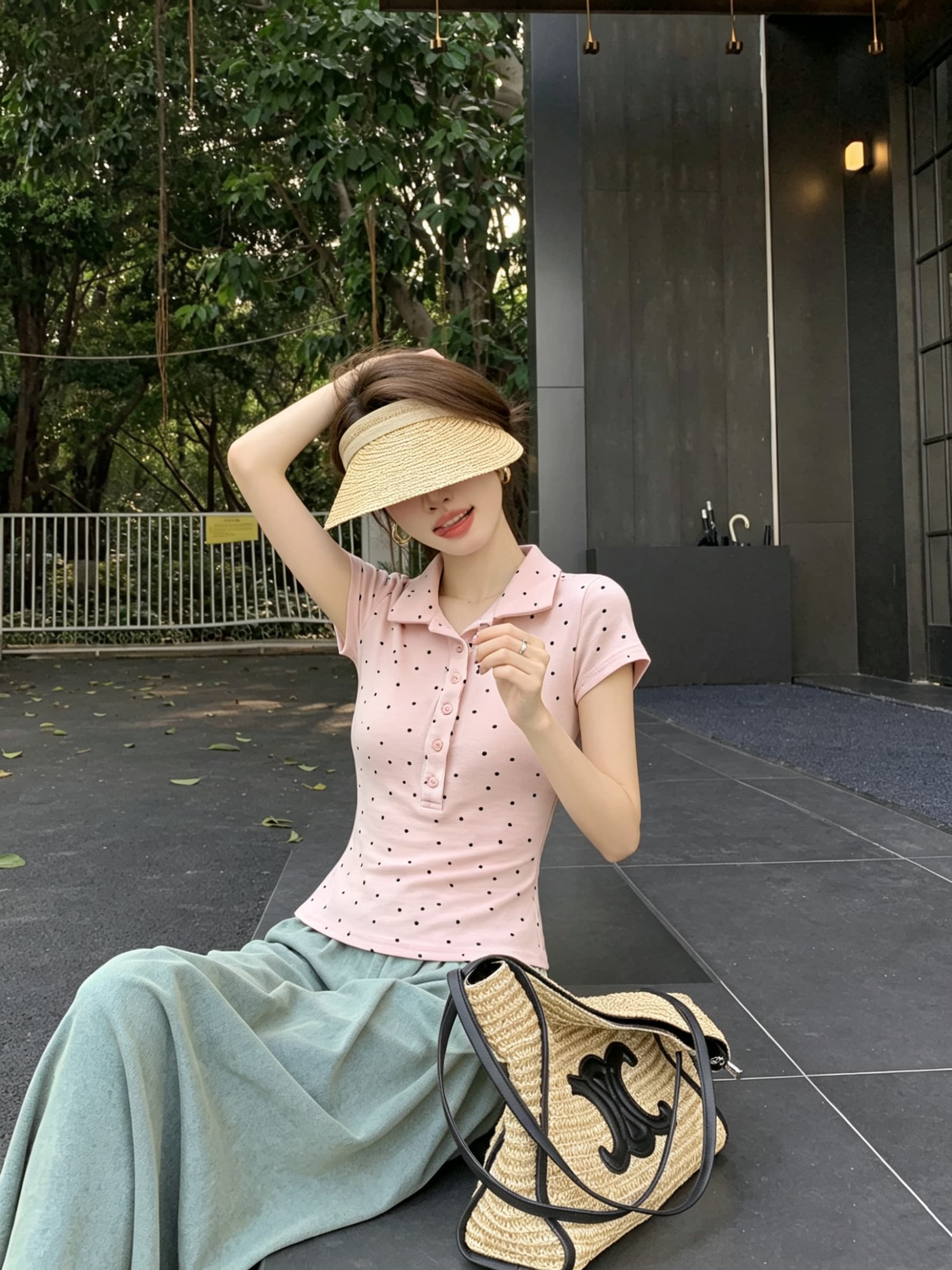 정가 실사 프랑스식 레트로 작은 도트 무늬 반팔 티셔츠 여성 여름 몸매 가꾸기 슬림해 보이는 POLO 칼라 맨위 다용도 상세 이미지 8