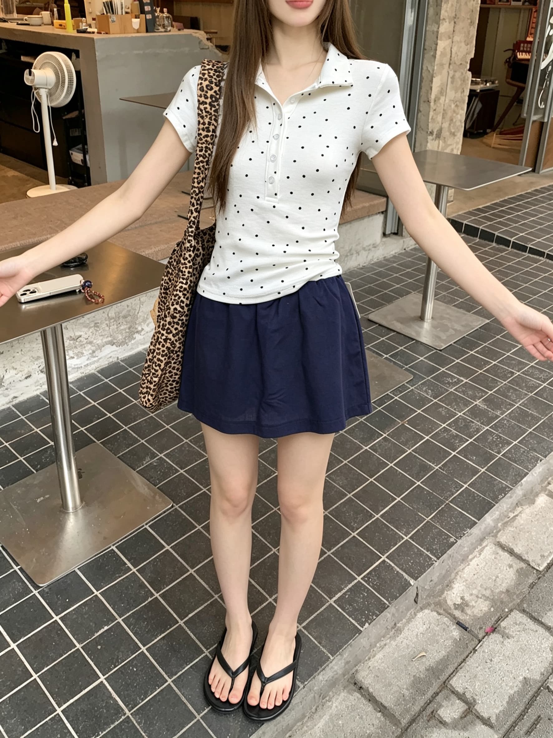 정가 실사 프랑스식 레트로 작은 도트 무늬 반팔 티셔츠 여성 여름 몸매 가꾸기 슬림해 보이는 POLO 칼라 맨위 다용도 상세 이미지 14
