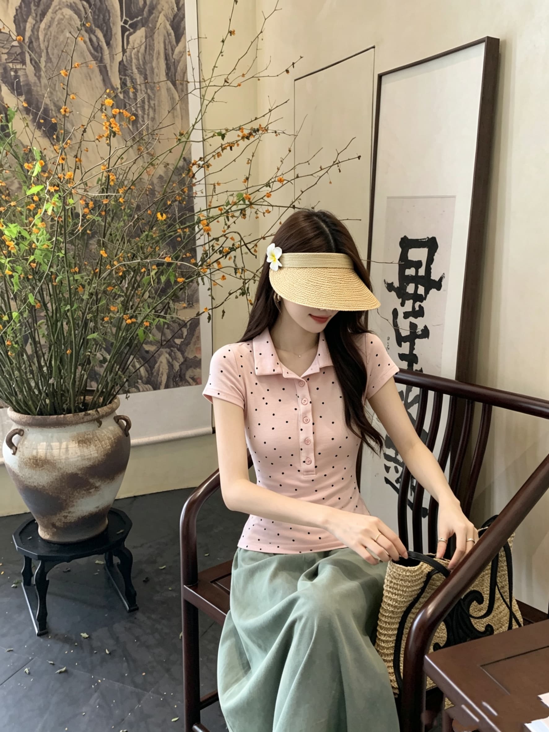 정가 실사 프랑스식 레트로 작은 도트 무늬 반팔 티셔츠 여성 여름 몸매 가꾸기 슬림해 보이는 POLO 칼라 맨위 다용도 상세 이미지 16