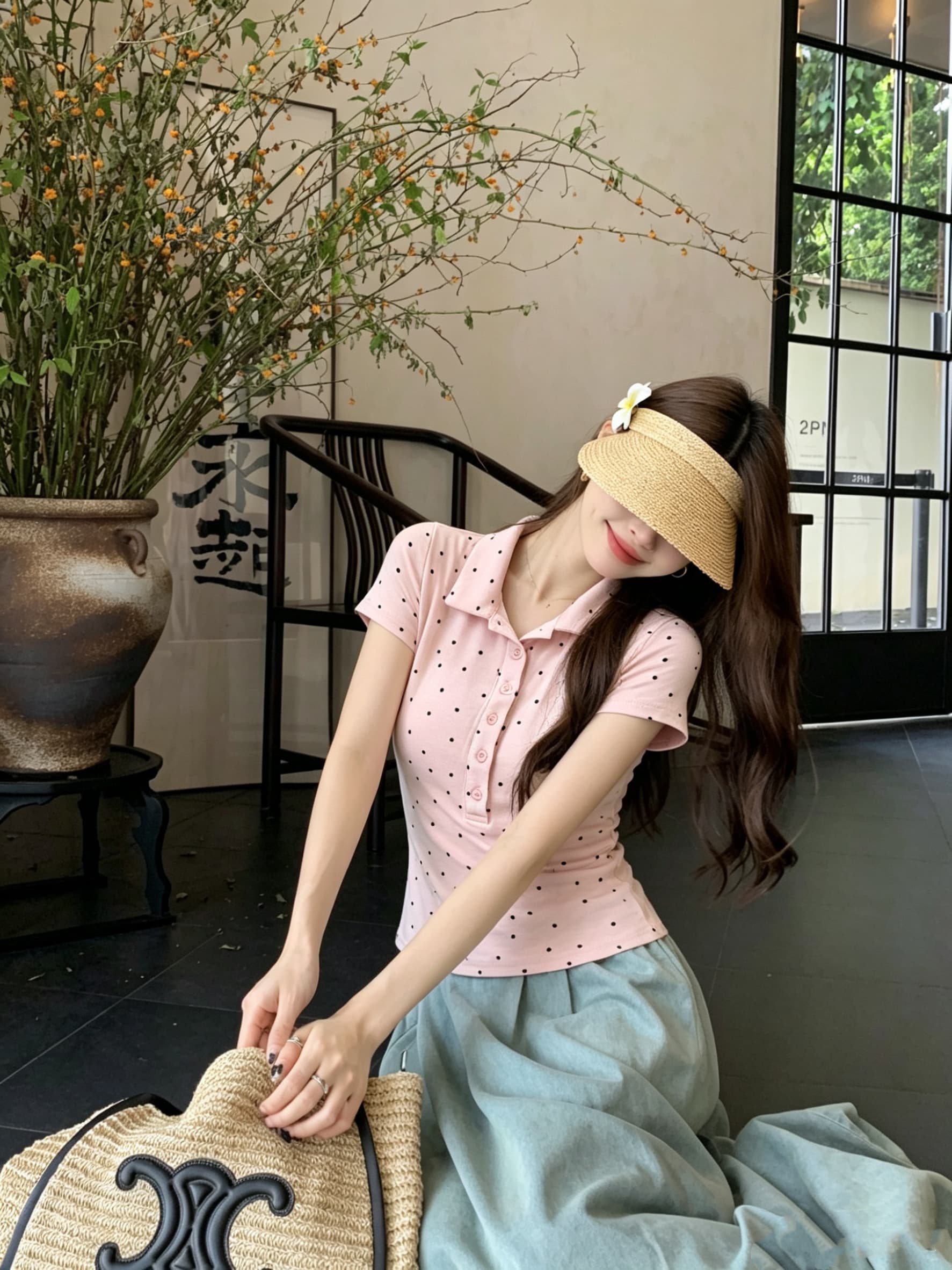 정가 실사 프랑스식 레트로 작은 도트 무늬 반팔 티셔츠 여성 여름 몸매 가꾸기 슬림해 보이는 POLO 칼라 맨위 다용도 상세 이미지 17