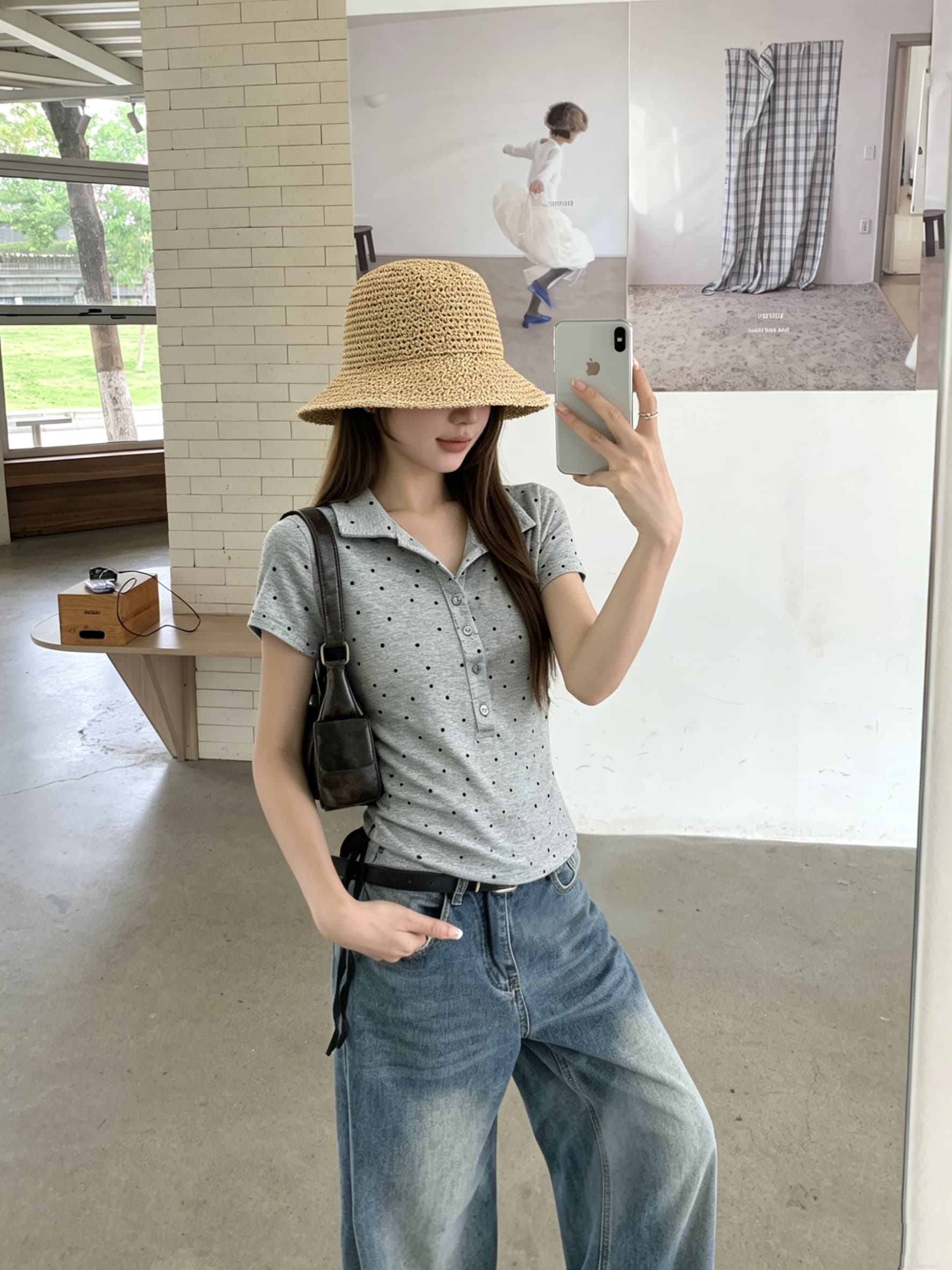 정가 실사 프랑스식 레트로 작은 도트 무늬 반팔 티셔츠 여성 여름 몸매 가꾸기 슬림해 보이는 POLO 칼라 맨위 다용도 상세 이미지 18