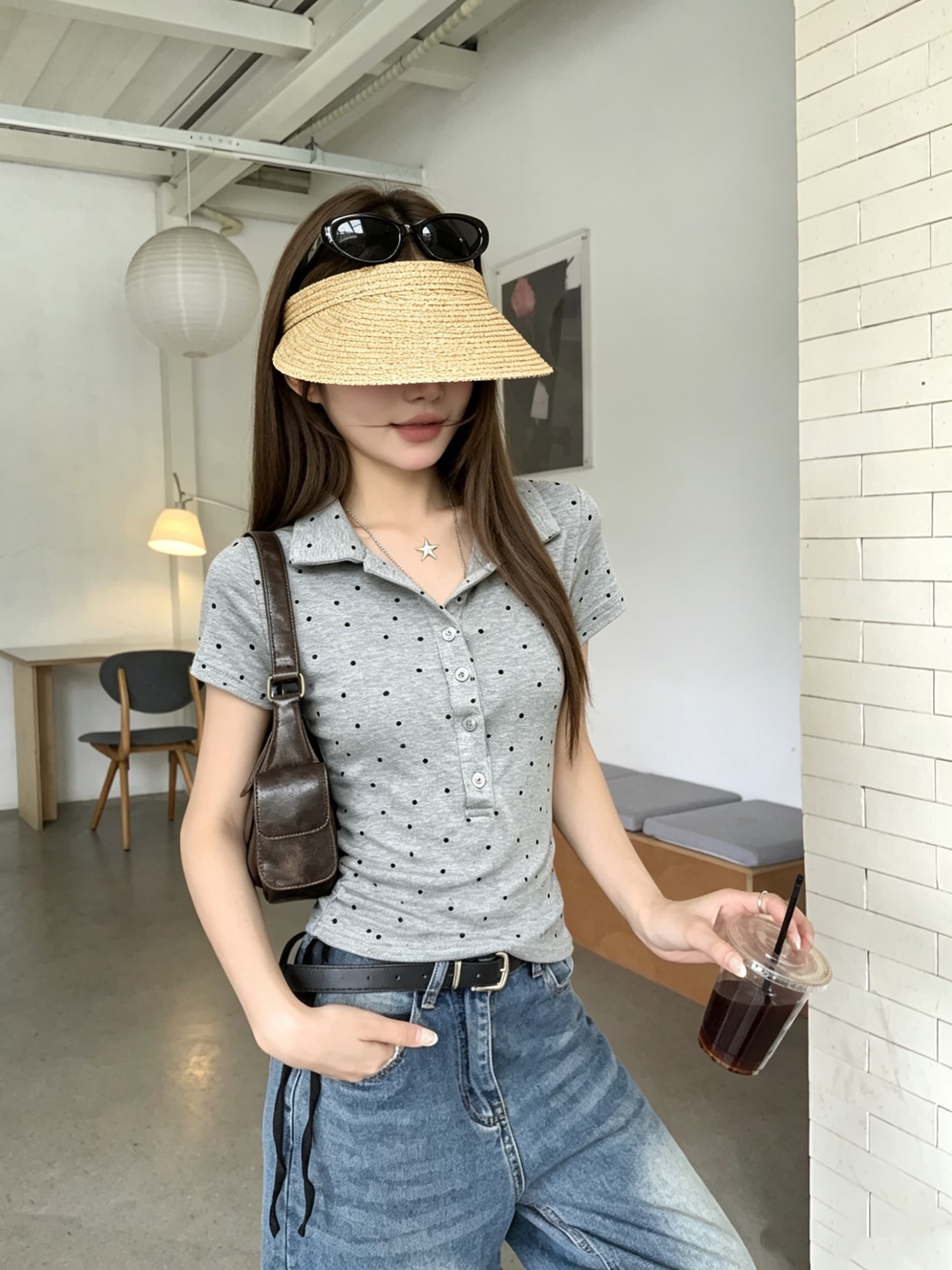 정가 실사 프랑스식 레트로 작은 도트 무늬 반팔 티셔츠 여성 여름 몸매 가꾸기 슬림해 보이는 POLO 칼라 맨위 다용도 상세 이미지 20