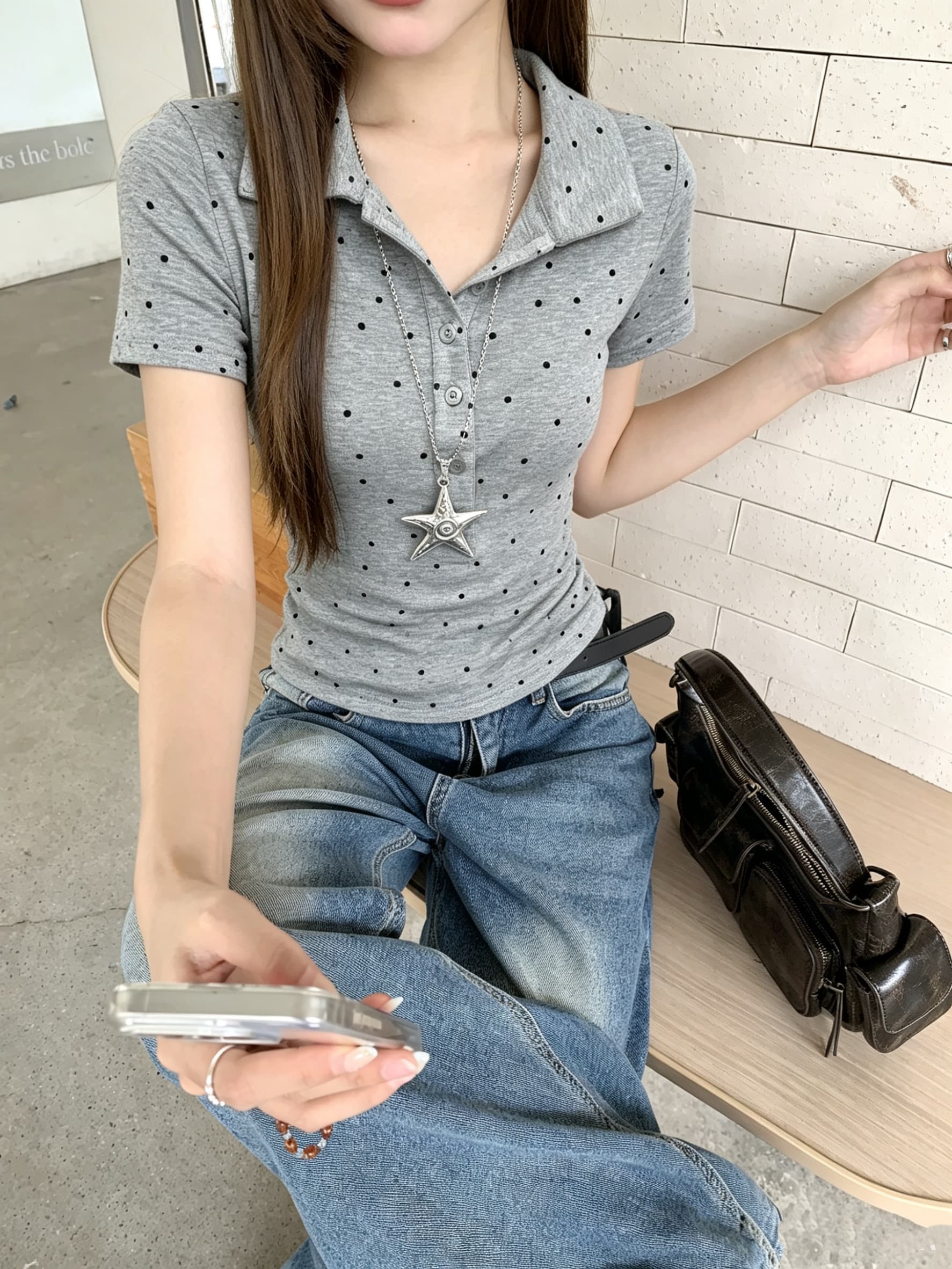 정가 실사 프랑스식 레트로 작은 도트 무늬 반팔 티셔츠 여성 여름 몸매 가꾸기 슬림해 보이는 POLO 칼라 맨위 다용도 상세 이미지 21