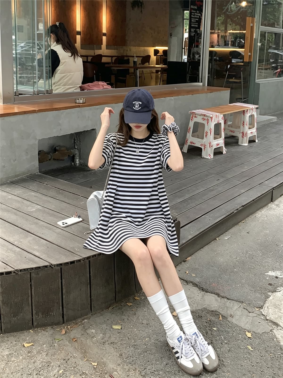 정가 실사 한국 스타일 허리 수축 슬림해 보이는 드레스 학원 스타일 여성 흑백 줄무늬 반팔 품격 여성 상세 이미지 10