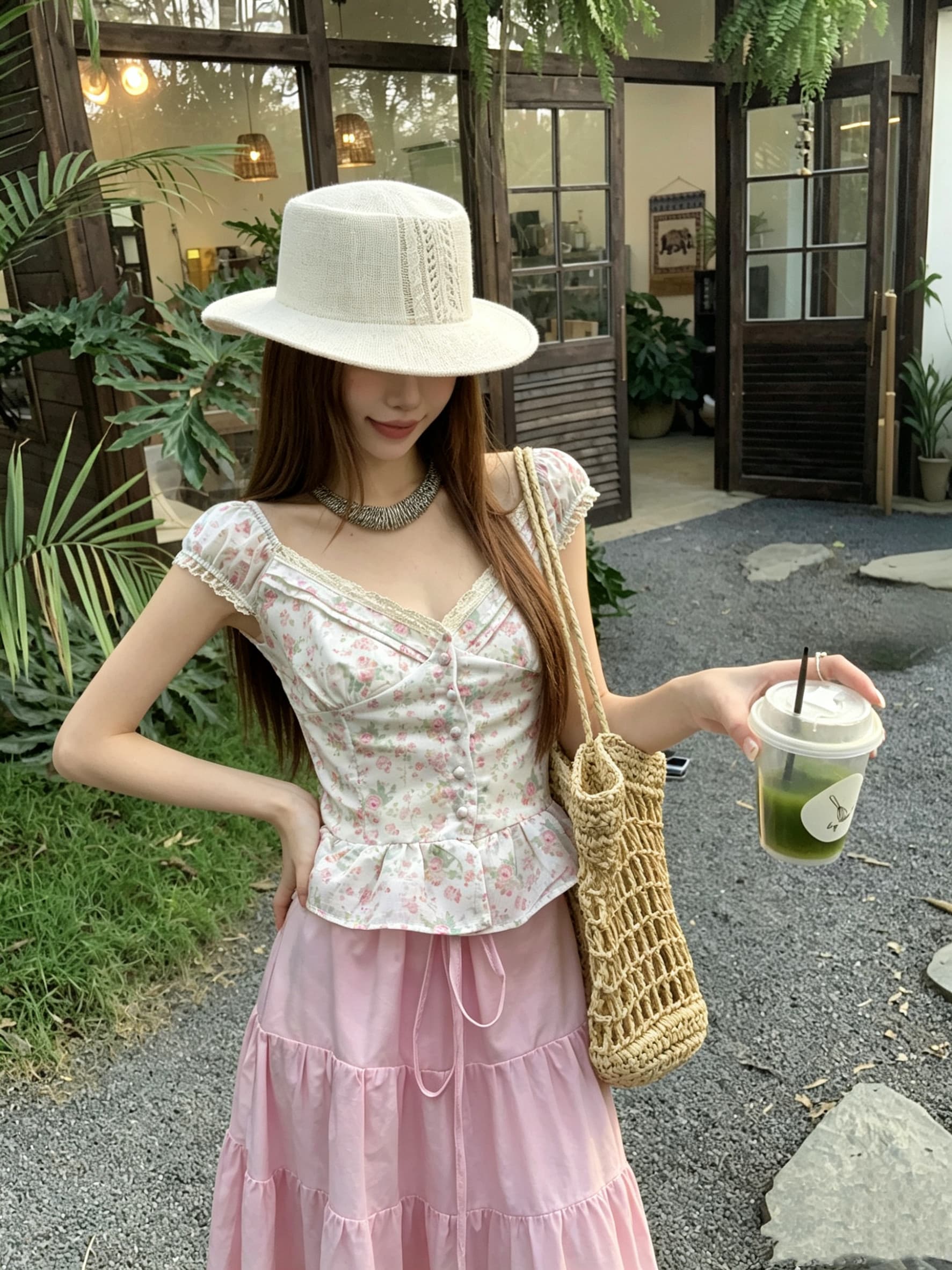 정가 실사 꽃무늬 레이스 V넥 반팔 셔츠 여름 디자인 센스 작은 대중 몸매 가꾸기 허리 수축 프릴 맨위 상세 이미지 3