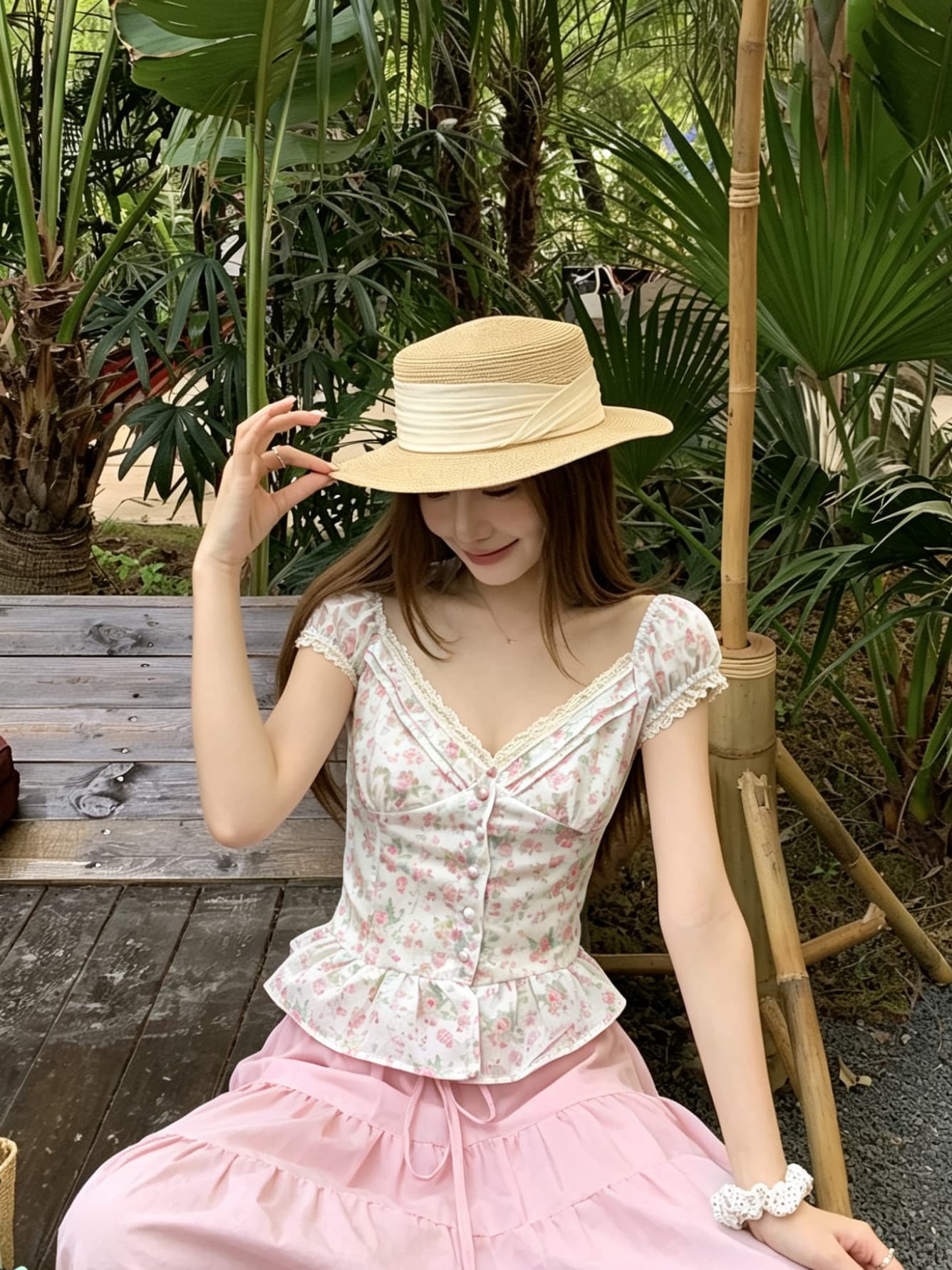 정가 실사 꽃무늬 레이스 V넥 반팔 셔츠 여름 디자인 센스 작은 대중 몸매 가꾸기 허리 수축 프릴 맨위 이미지 3