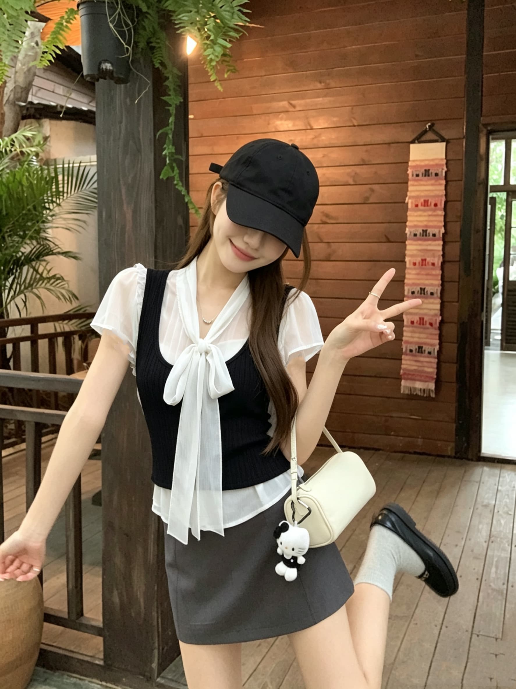 정가 실사 여름 부드러운 리본 나비 매듭 출퇴근 바람 허리 수축 슬림해 보이는 셔츠 투피스 조끼 상세 이미지 3