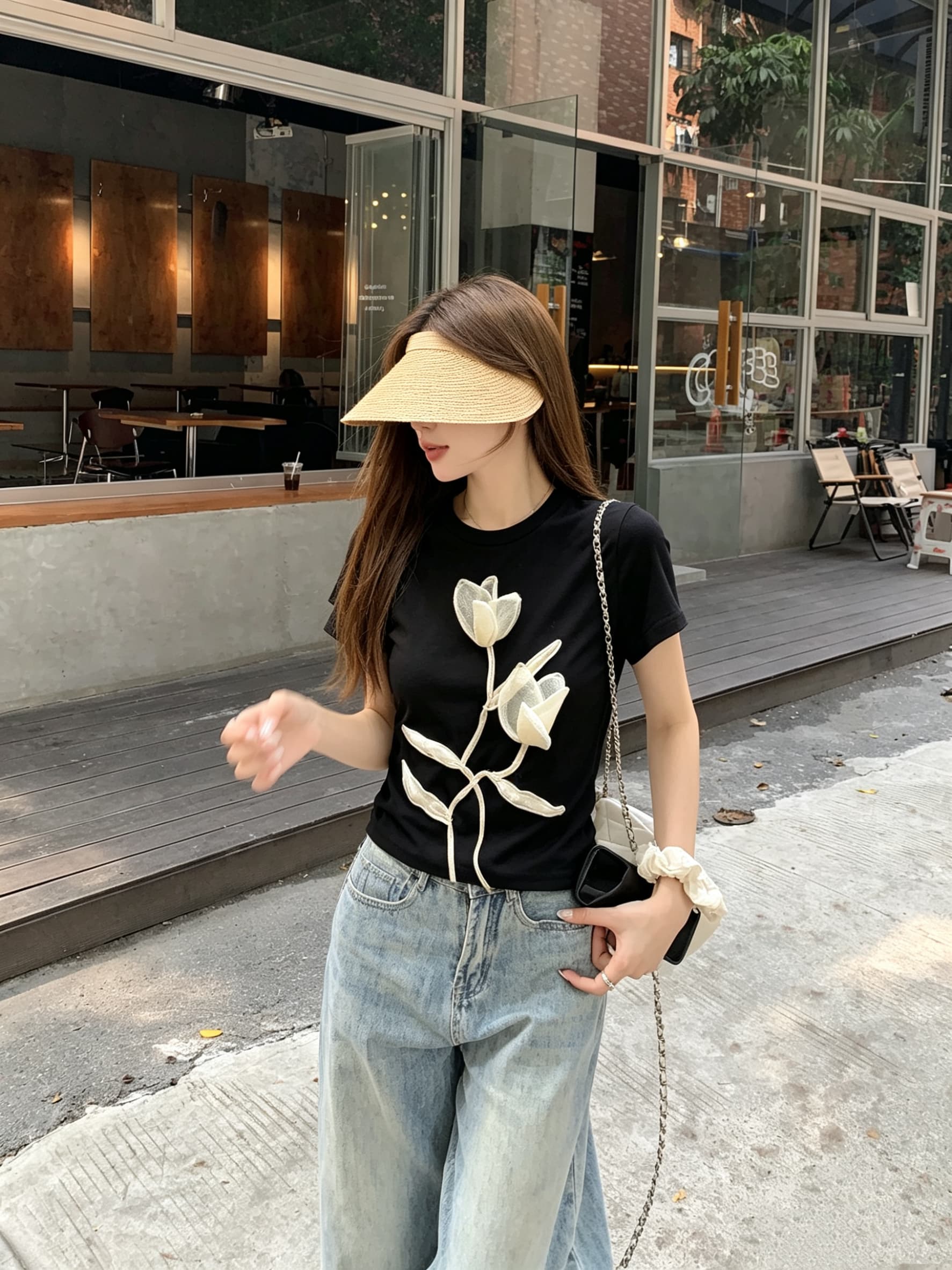 정가 실사 회색 라운드 넥 긍정적 인 어깨 반팔 티셔츠 여름 새로운 루즈핏 쇼트 스타일 슬림해 보이는 반소매 한 첨부 된 의류 상세 이미지 6