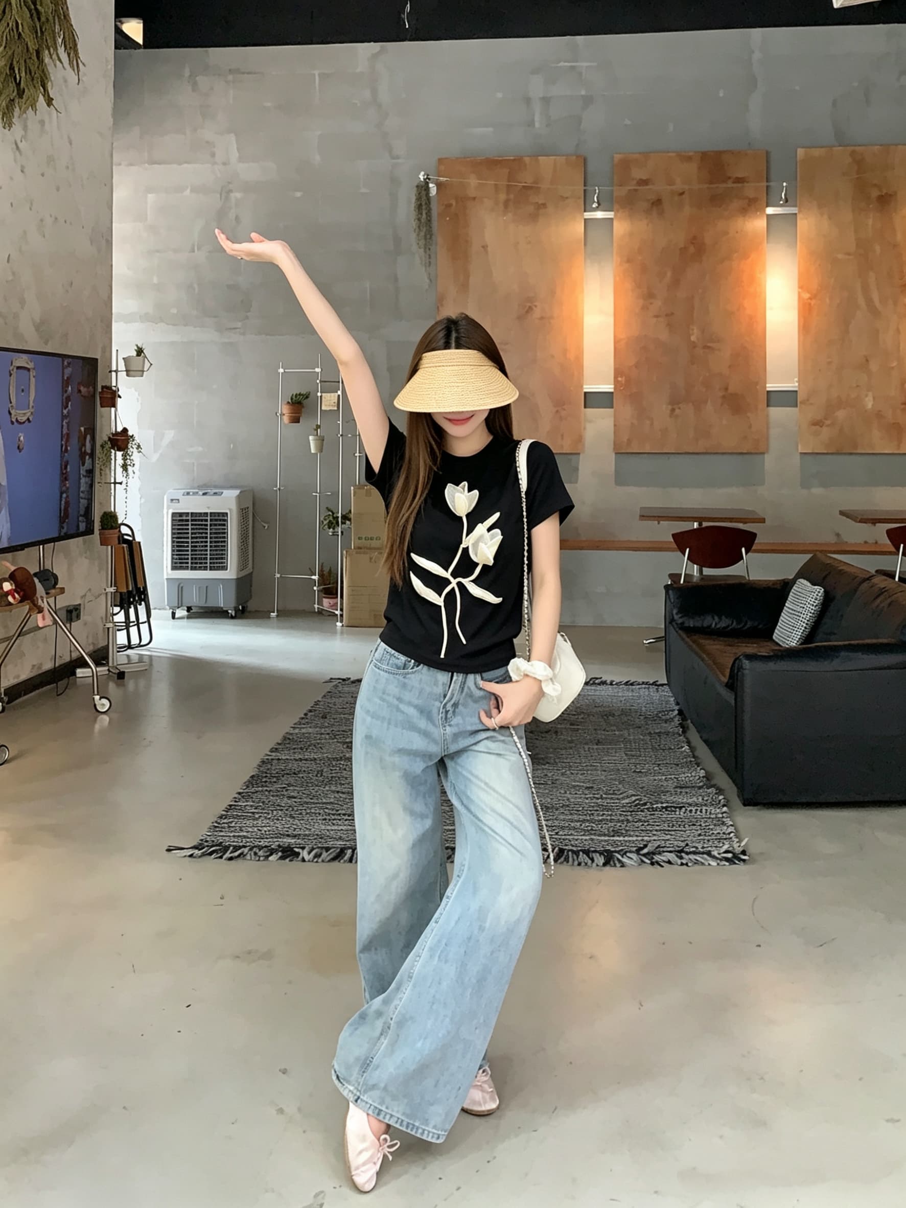 정가 실사 회색 라운드 넥 긍정적 인 어깨 반팔 티셔츠 여름 새로운 루즈핏 쇼트 스타일 슬림해 보이는 반소매 한 첨부 된 의류 상세 이미지 7