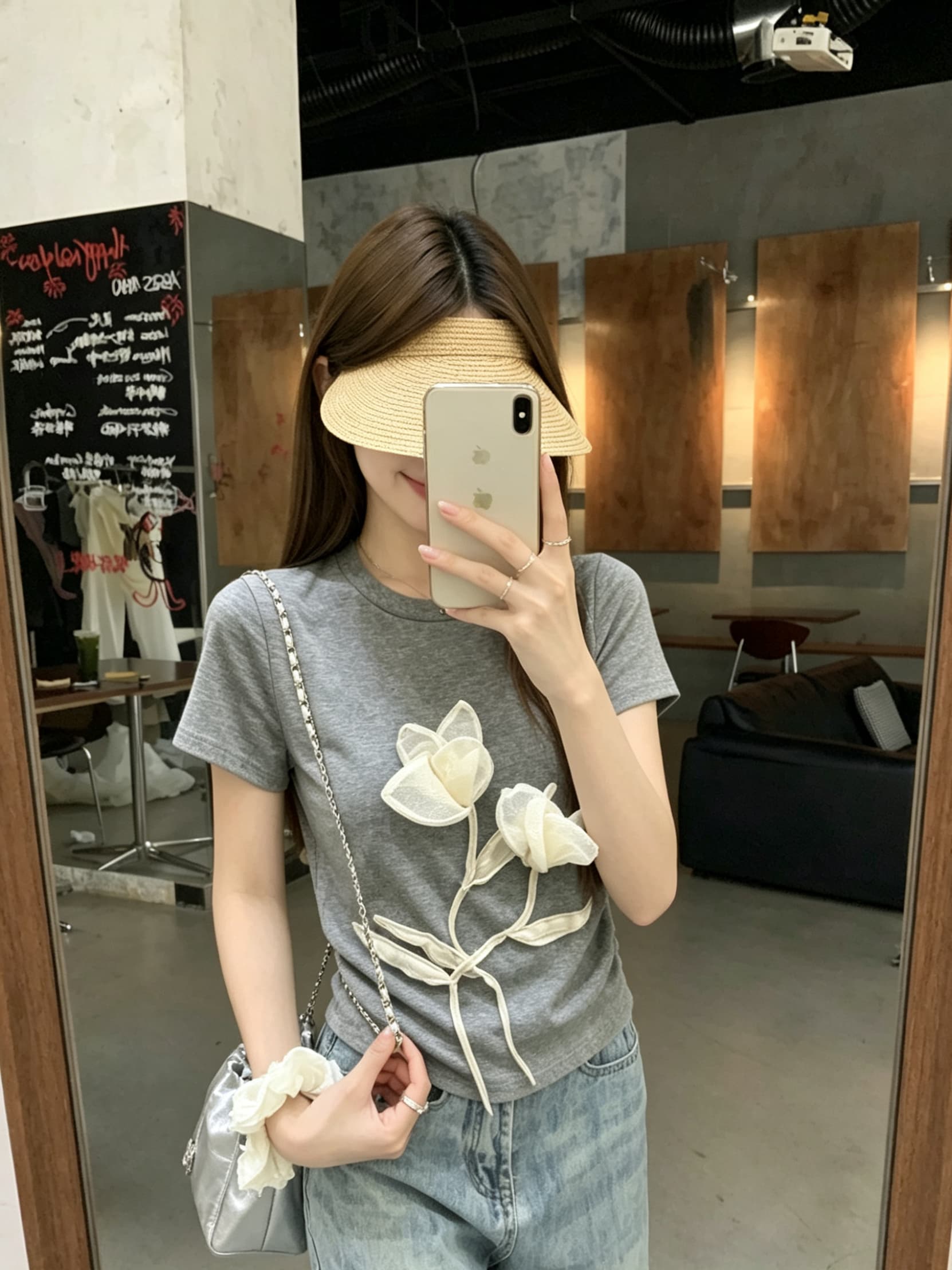 정가 실사 회색 라운드 넥 긍정적 인 어깨 반팔 티셔츠 여름 새로운 루즈핏 쇼트 스타일 슬림해 보이는 반소매 한 첨부 된 의류 상세 이미지 11