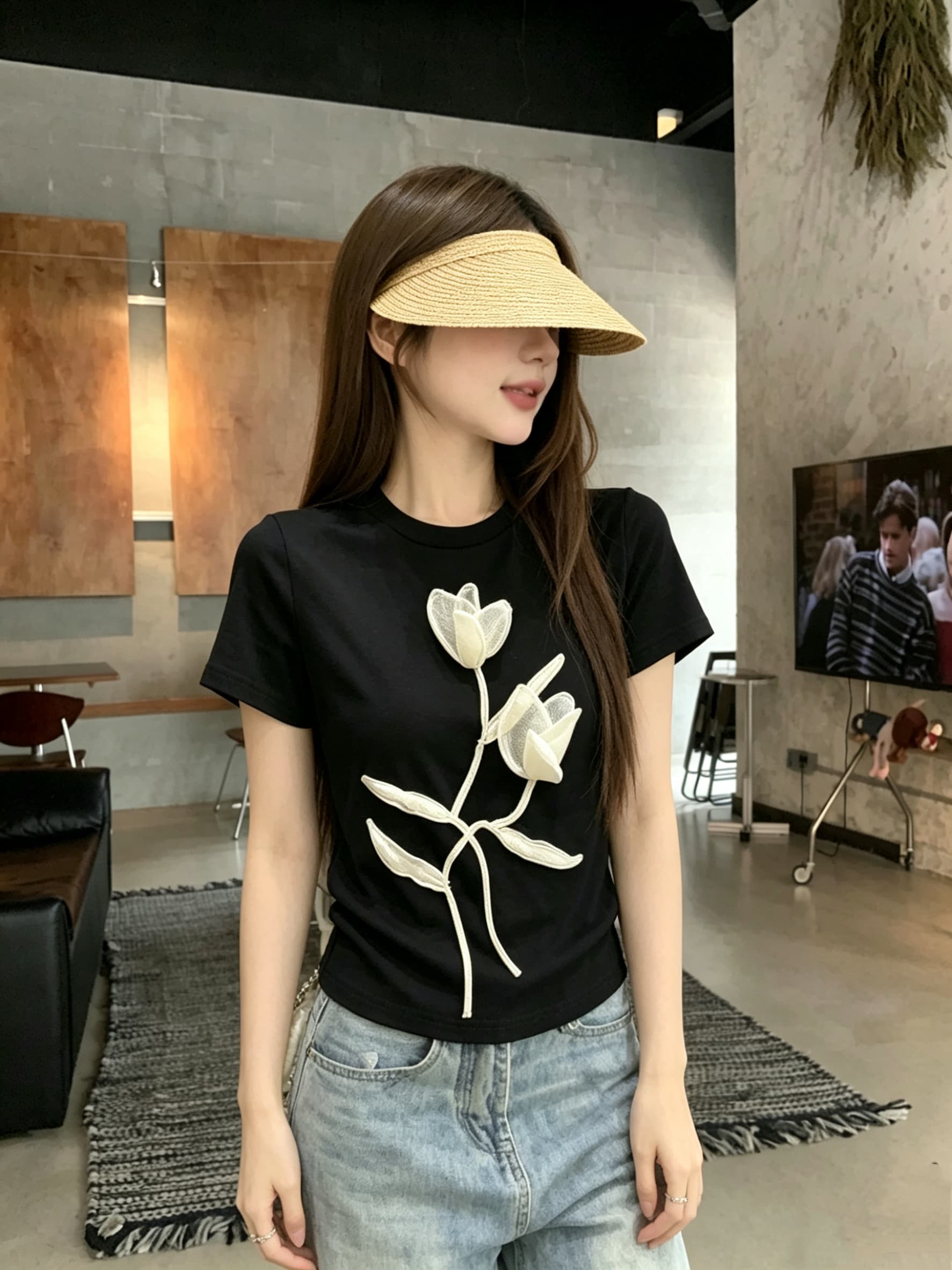 정가 실사 회색 라운드 넥 긍정적 인 어깨 반팔 티셔츠 여름 새로운 루즈핏 쇼트 스타일 슬림해 보이는 반소매 한 첨부 된 의류 상세 이미지 14
