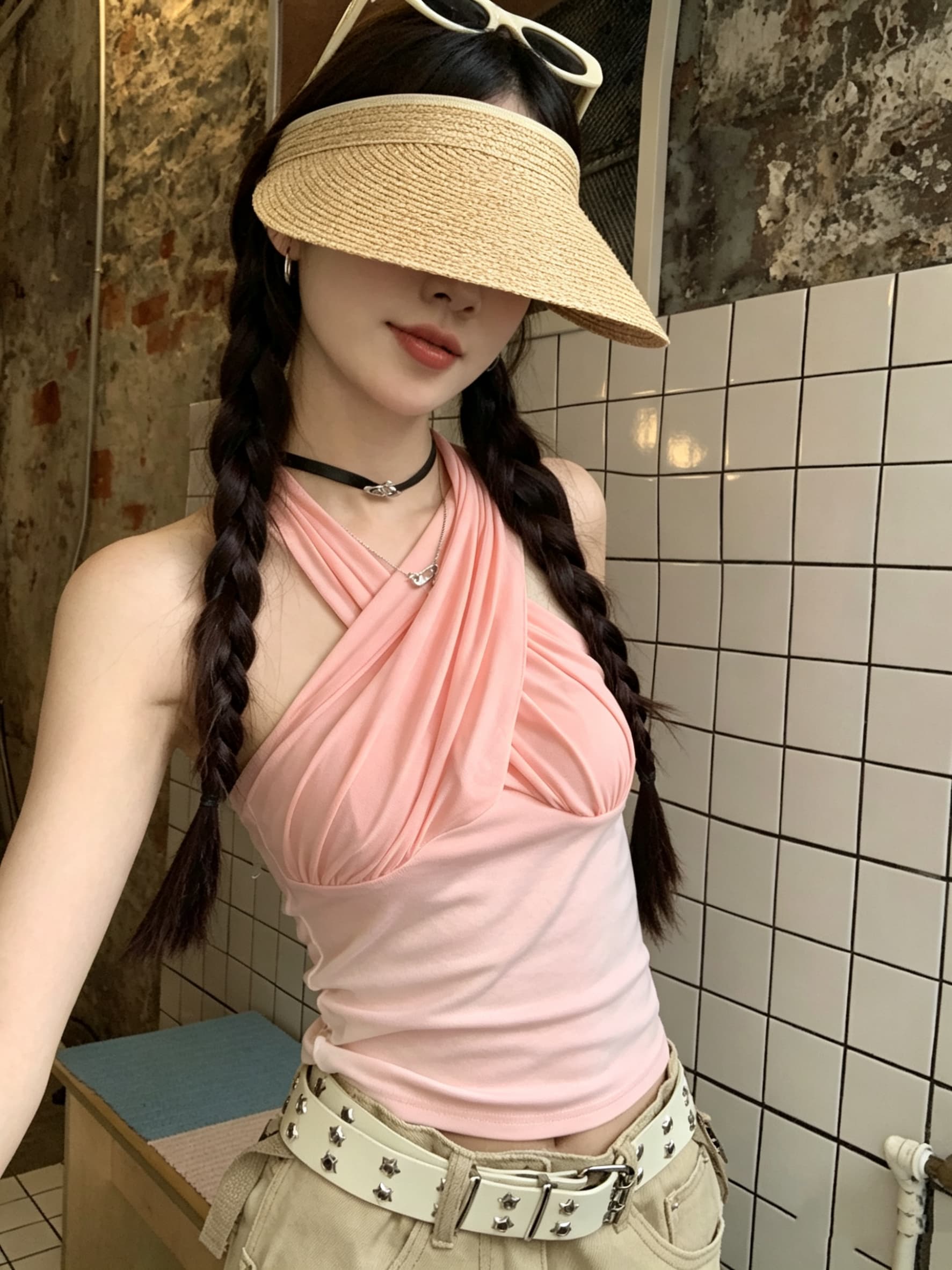 정가 실사 망사 패치워크 백리스 행침 목 캐미솔 몸매 가꾸기 인사이드 가져 가라. 벨트 가슴 패드 순수한 욕망 맨위 외출용 상세 이미지 5