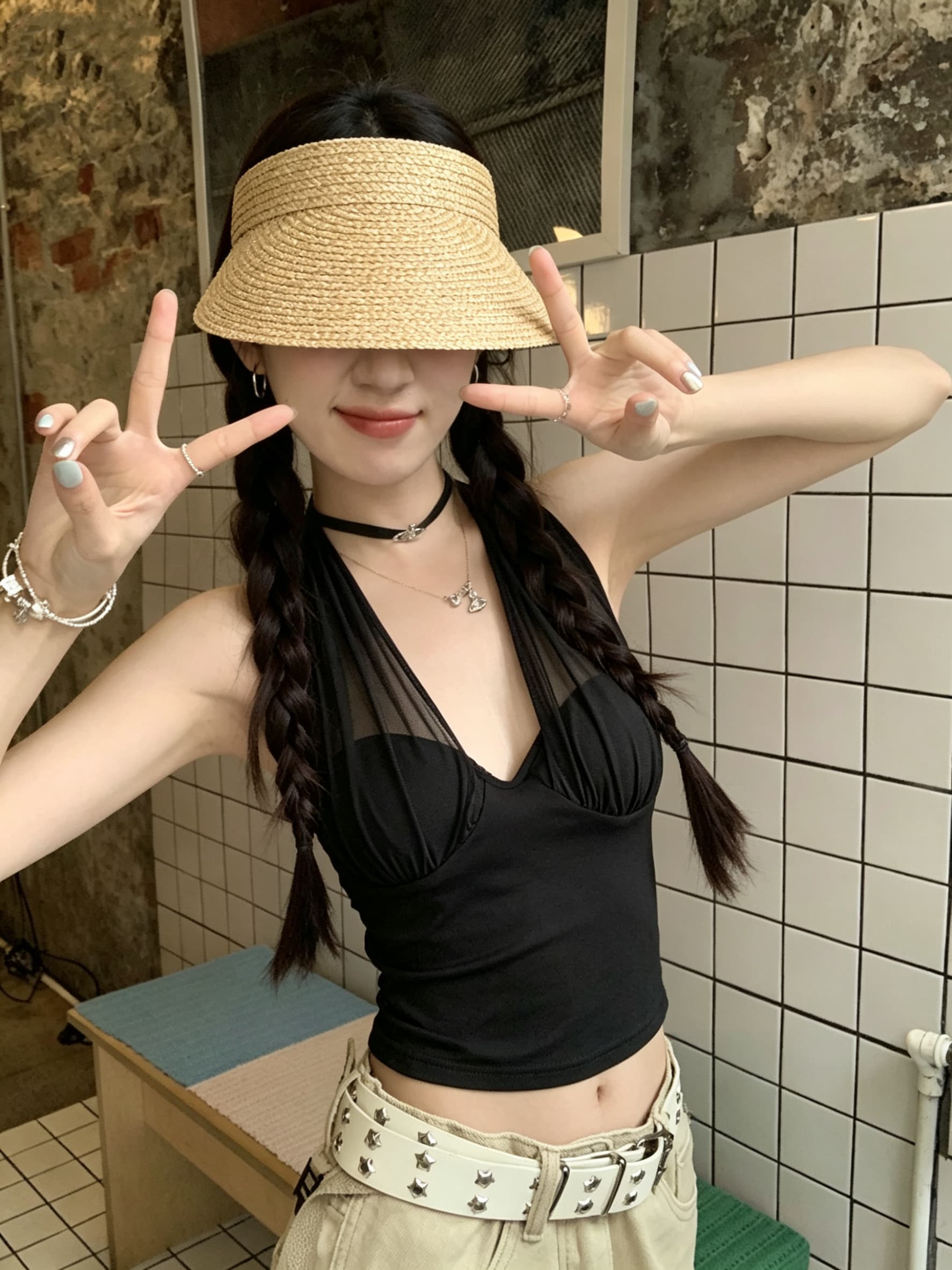 정가 실사 망사 패치워크 백리스 행침 목 캐미솔 몸매 가꾸기 인사이드 가져 가라. 벨트 가슴 패드 순수한 욕망 맨위 외출용 상세 이미지 9