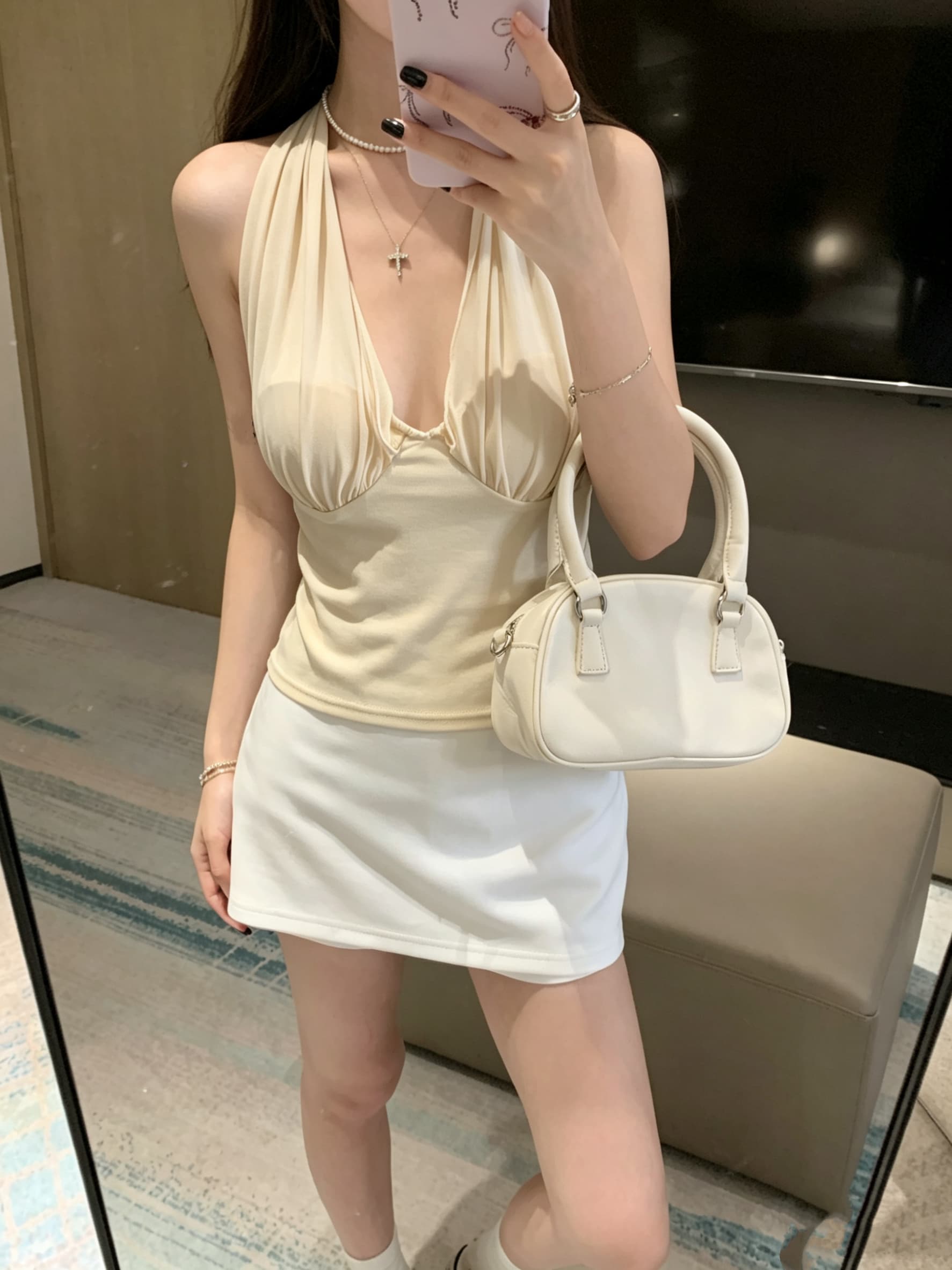 정가 실사 망사 패치워크 백리스 행침 목 캐미솔 몸매 가꾸기 인사이드 가져 가라. 벨트 가슴 패드 순수한 욕망 맨위 외출용 상세 이미지 18