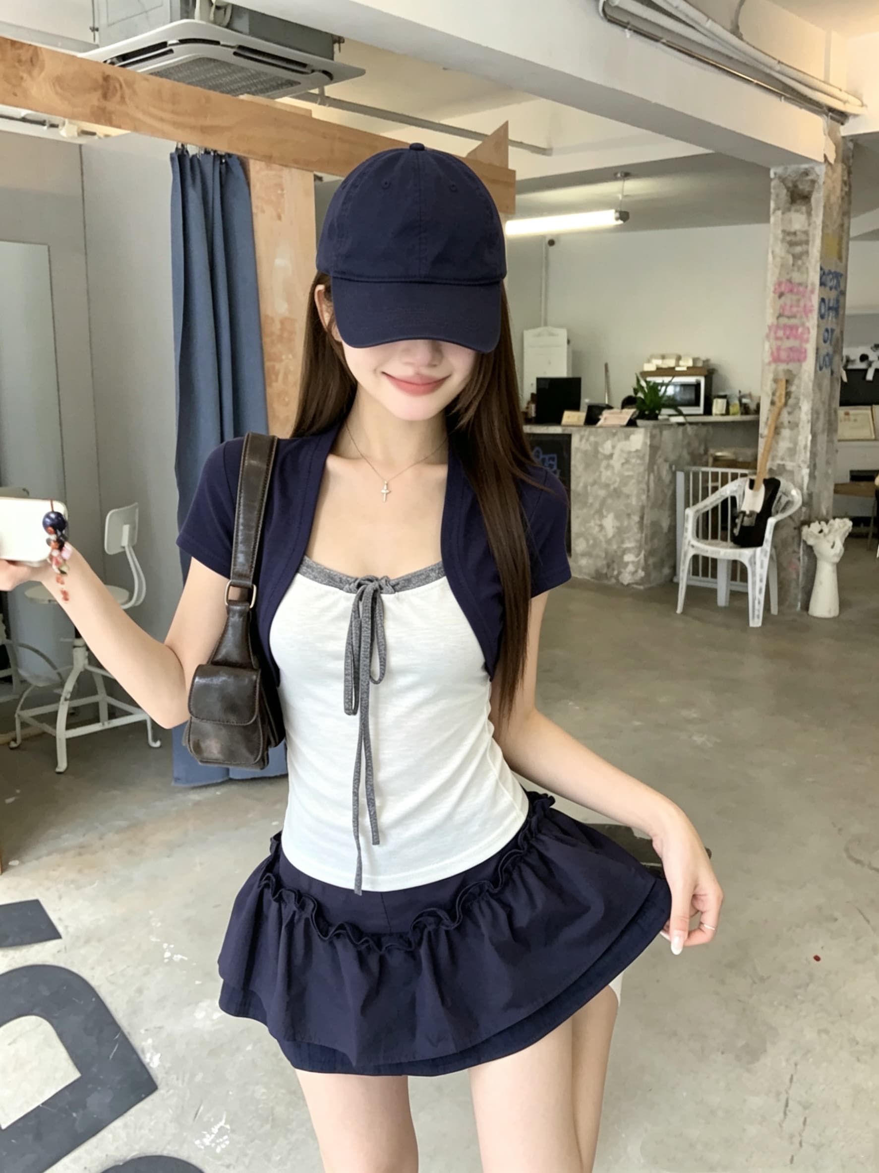 정가 실사 세 배색 패치워크 펌프 로프 행침 목 슬림해 보이는 티셔츠 디자인 센스 작은 대중 반팔 페이크 레이어드 상세 이미지 2