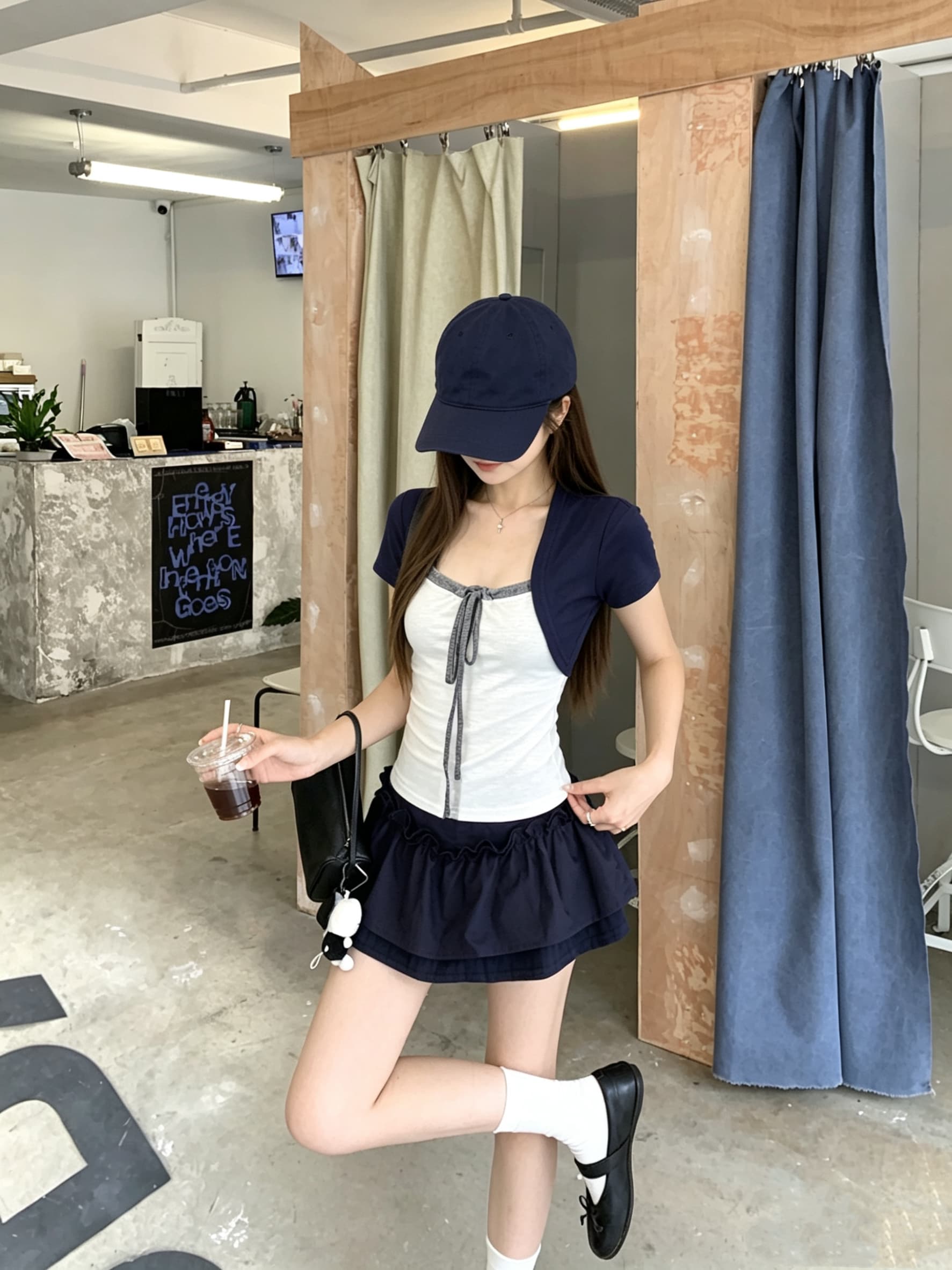 정가 실사 세 배색 패치워크 펌프 로프 행침 목 슬림해 보이는 티셔츠 디자인 센스 작은 대중 반팔 페이크 레이어드 상세 이미지 3