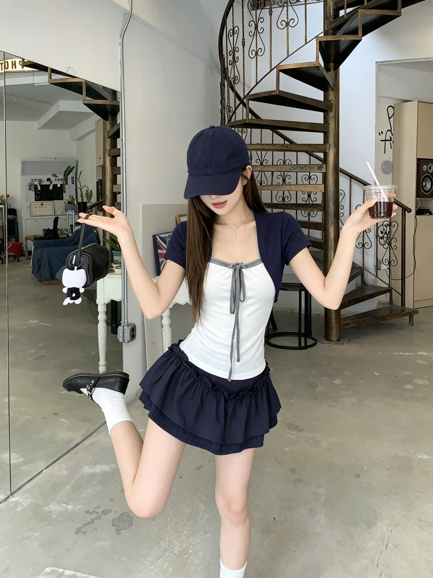 정가 실사 세 배색 패치워크 펌프 로프 행침 목 슬림해 보이는 티셔츠 디자인 센스 작은 대중 반팔 페이크 레이어드 상세 이미지 5