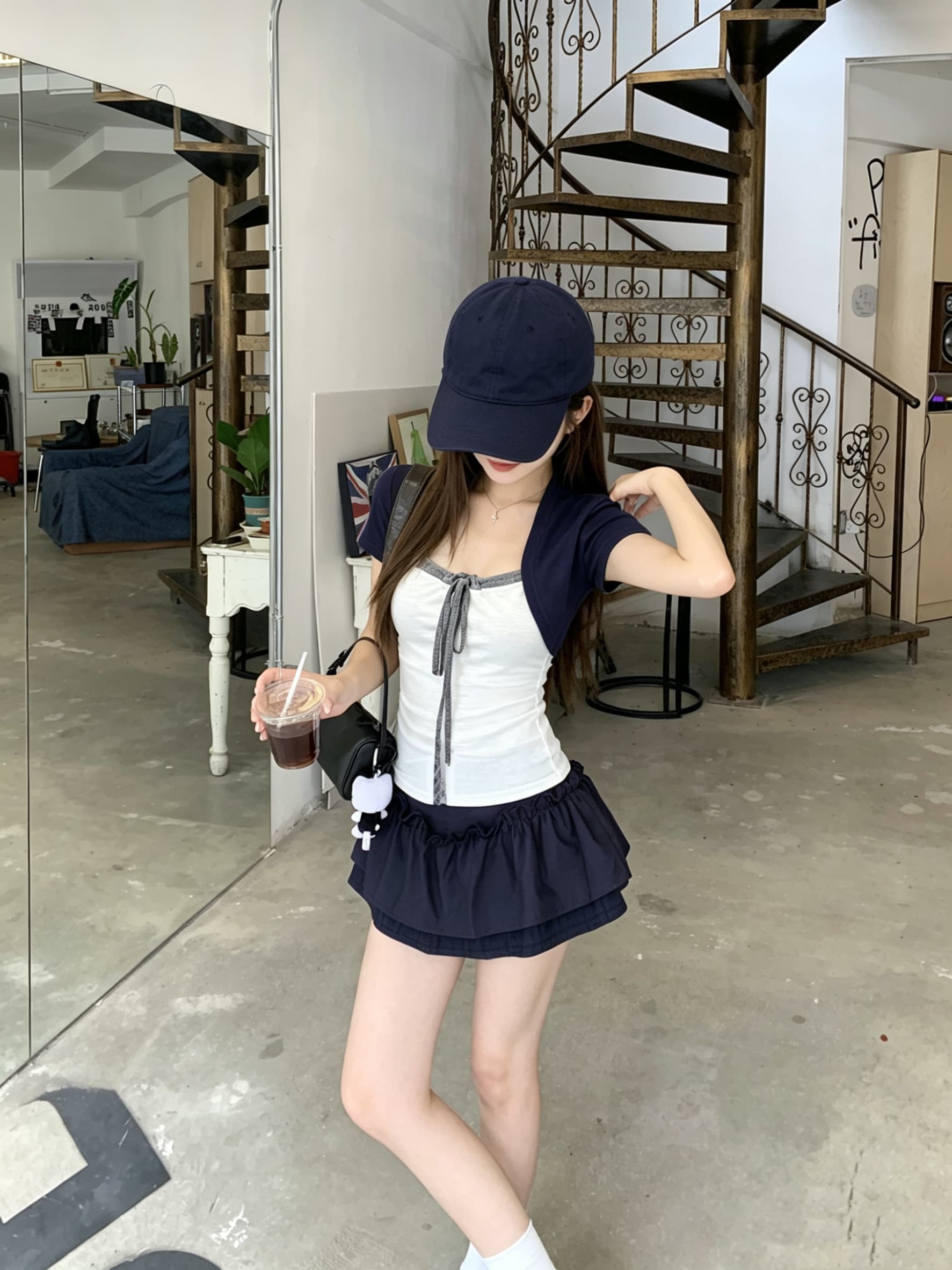 정가 실사 세 배색 패치워크 펌프 로프 행침 목 슬림해 보이는 티셔츠 디자인 센스 작은 대중 반팔 페이크 레이어드 상세 이미지 7