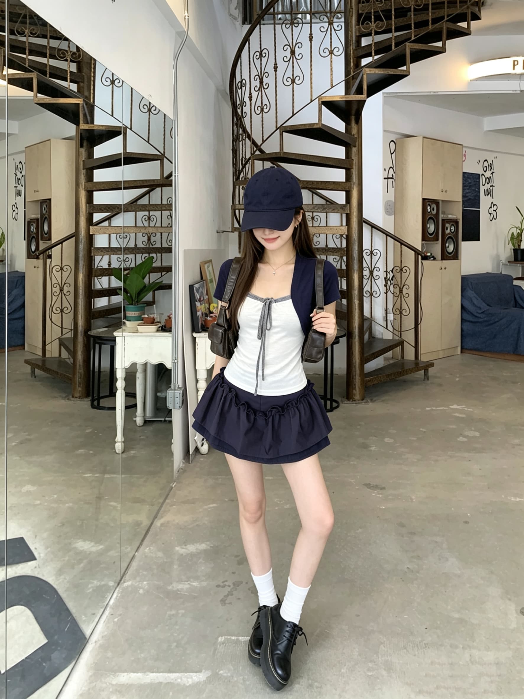 정가 실사 세 배색 패치워크 펌프 로프 행침 목 슬림해 보이는 티셔츠 디자인 센스 작은 대중 반팔 페이크 레이어드 상세 이미지 8