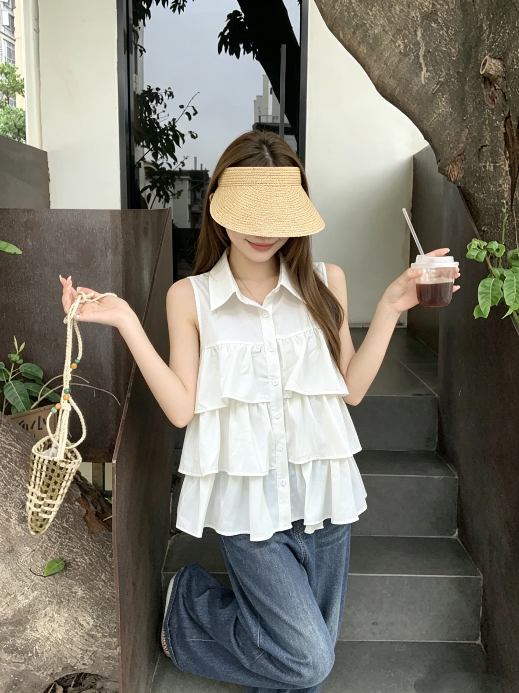 정가 실사 프랑스식 다중 레이어 프릴 폴로 칼라 민소매 조끼 여성 디자인 센스 루즈핏 어깨 싱글 줄 버튼 맨위 상세 이미지 1