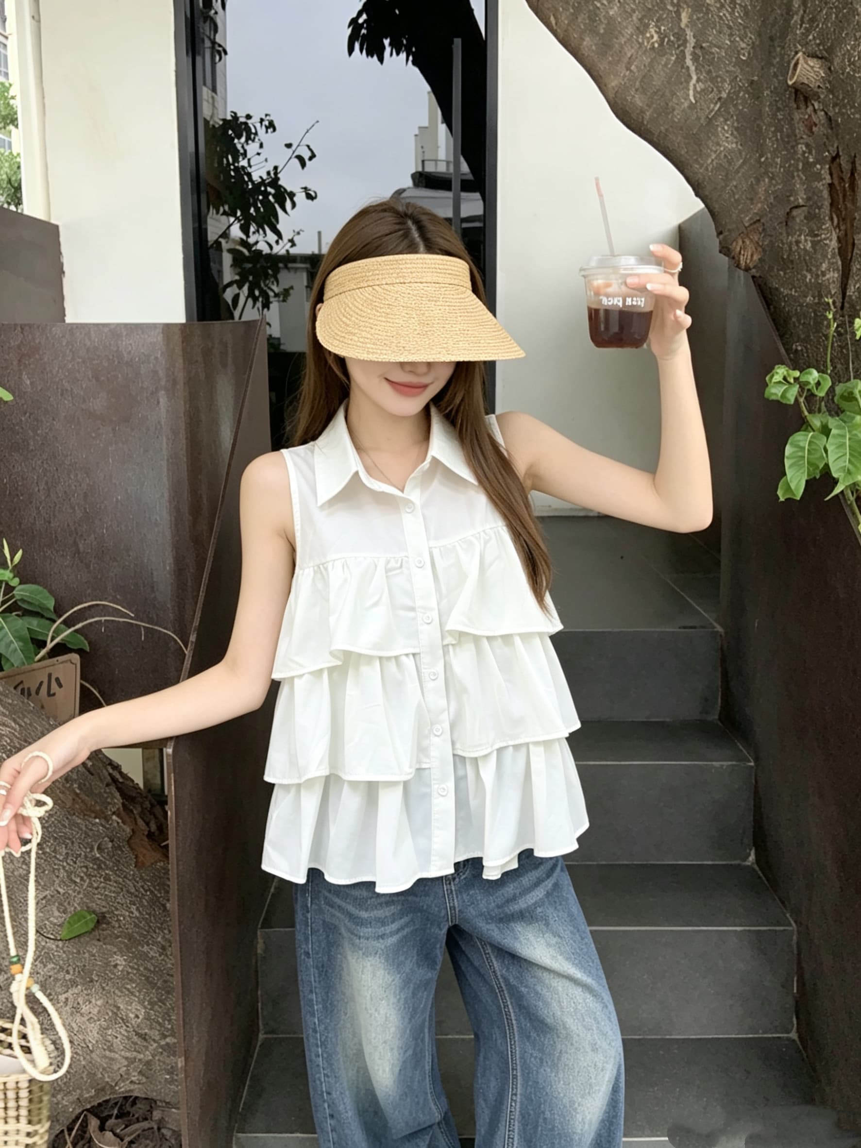 정가 실사 프랑스식 다중 레이어 프릴 폴로 칼라 민소매 조끼 여성 디자인 센스 루즈핏 어깨 싱글 줄 버튼 맨위 상세 이미지 2