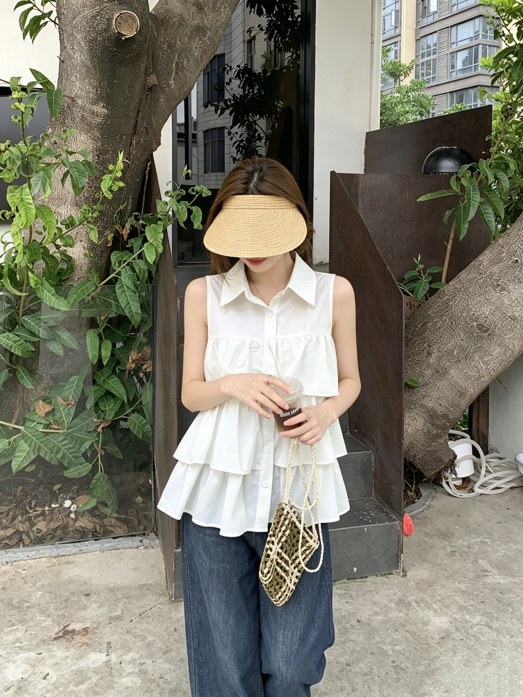 정가 실사 프랑스식 다중 레이어 프릴 폴로 칼라 민소매 조끼 여성 디자인 센스 루즈핏 어깨 싱글 줄 버튼 맨위 상세 이미지 10