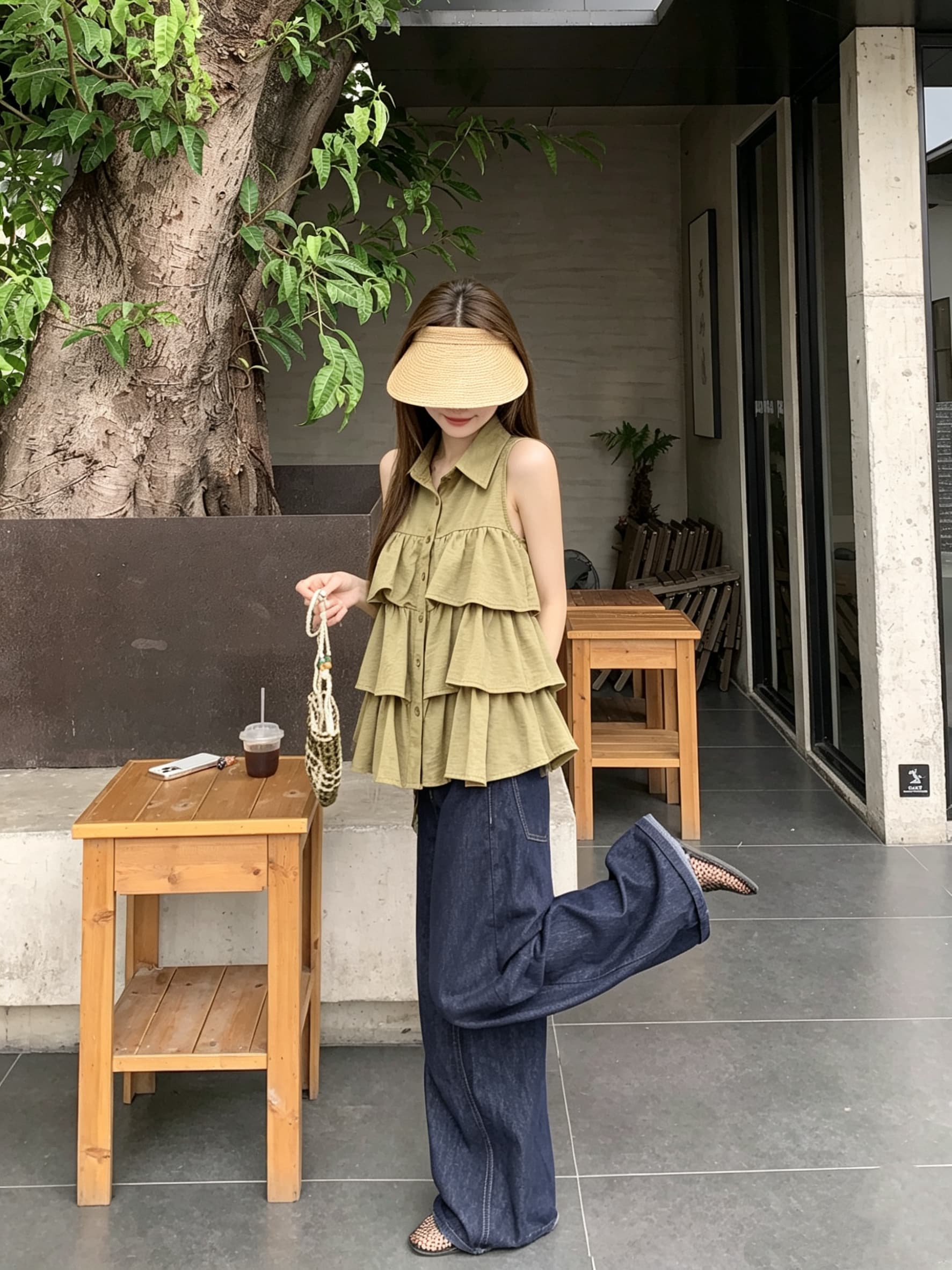정가 실사 프랑스식 다중 레이어 프릴 폴로 칼라 민소매 조끼 여성 디자인 센스 루즈핏 어깨 싱글 줄 버튼 맨위 상세 이미지 12
