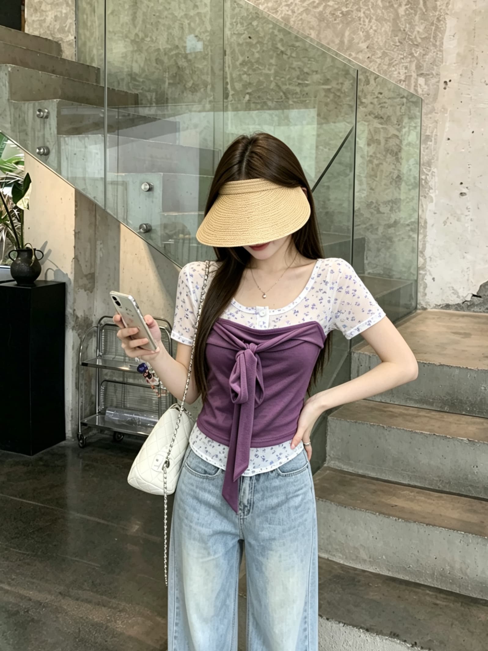 정가 진짜 꽃 객실 안개 언어 한 부서 작은 원 칼라 인사이드 가져 가라. 스택 착용 단색 스트랩 튜브탑 사실 두 조각 티셔츠 여성 상세 이미지 2