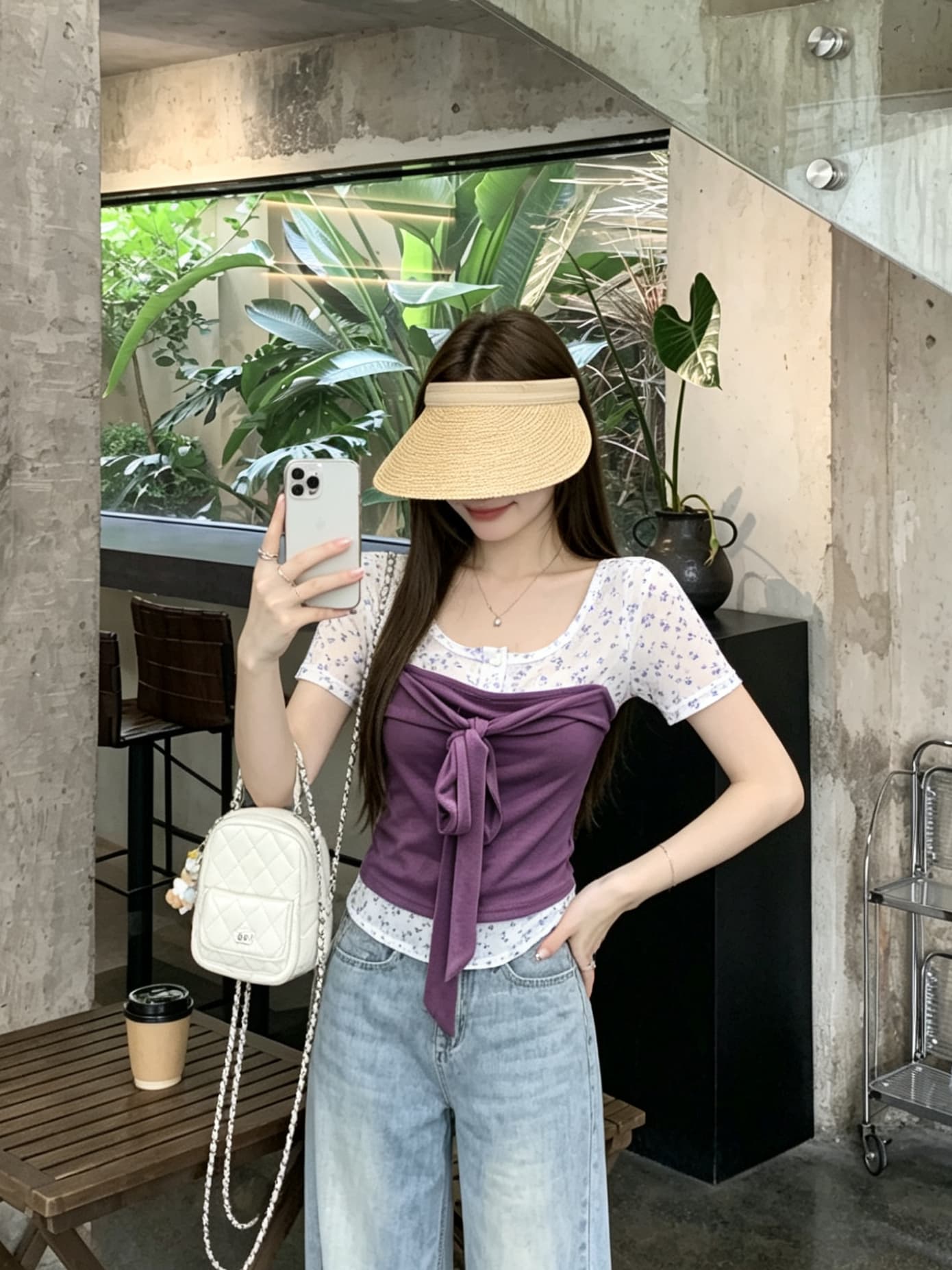 정가 진짜 꽃 객실 안개 언어 한 부서 작은 원 칼라 인사이드 가져 가라. 스택 착용 단색 스트랩 튜브탑 사실 두 조각 티셔츠 여성 상세 이미지 5